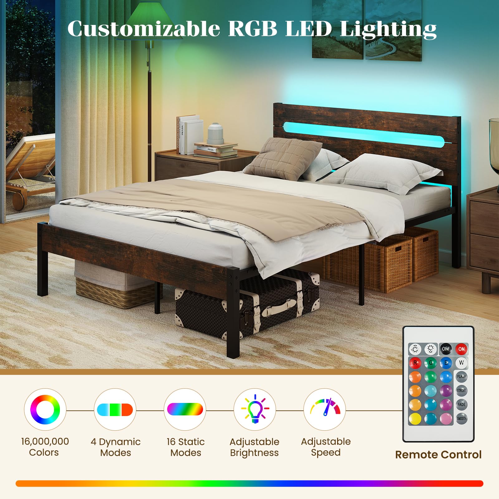 KOMFOTT Full Metal Bed Frame with Headboard & Charging Station