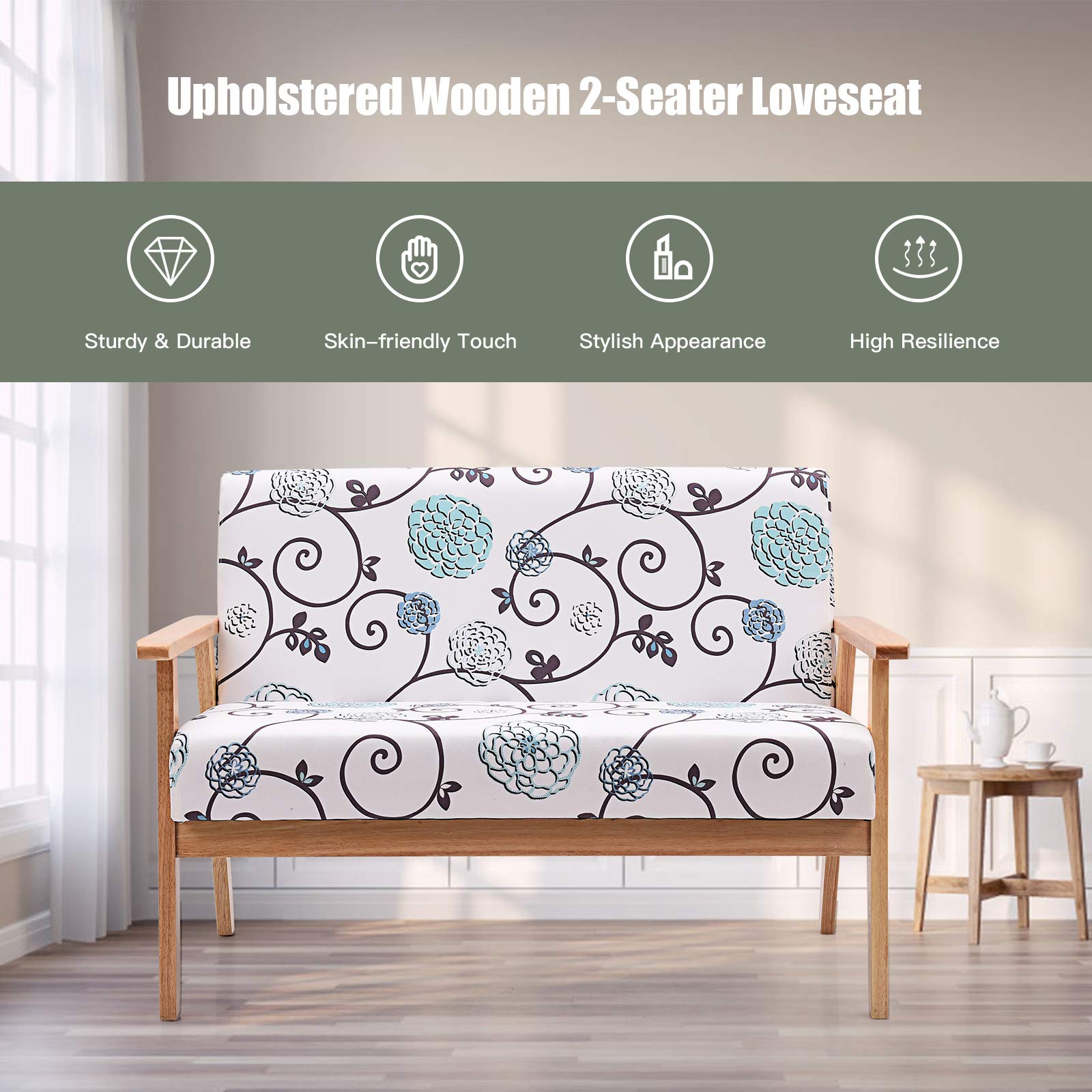 KOMFOTT 2-Seat Mid-Century Upholstered Wooden Loveseat w/Rubber Wood