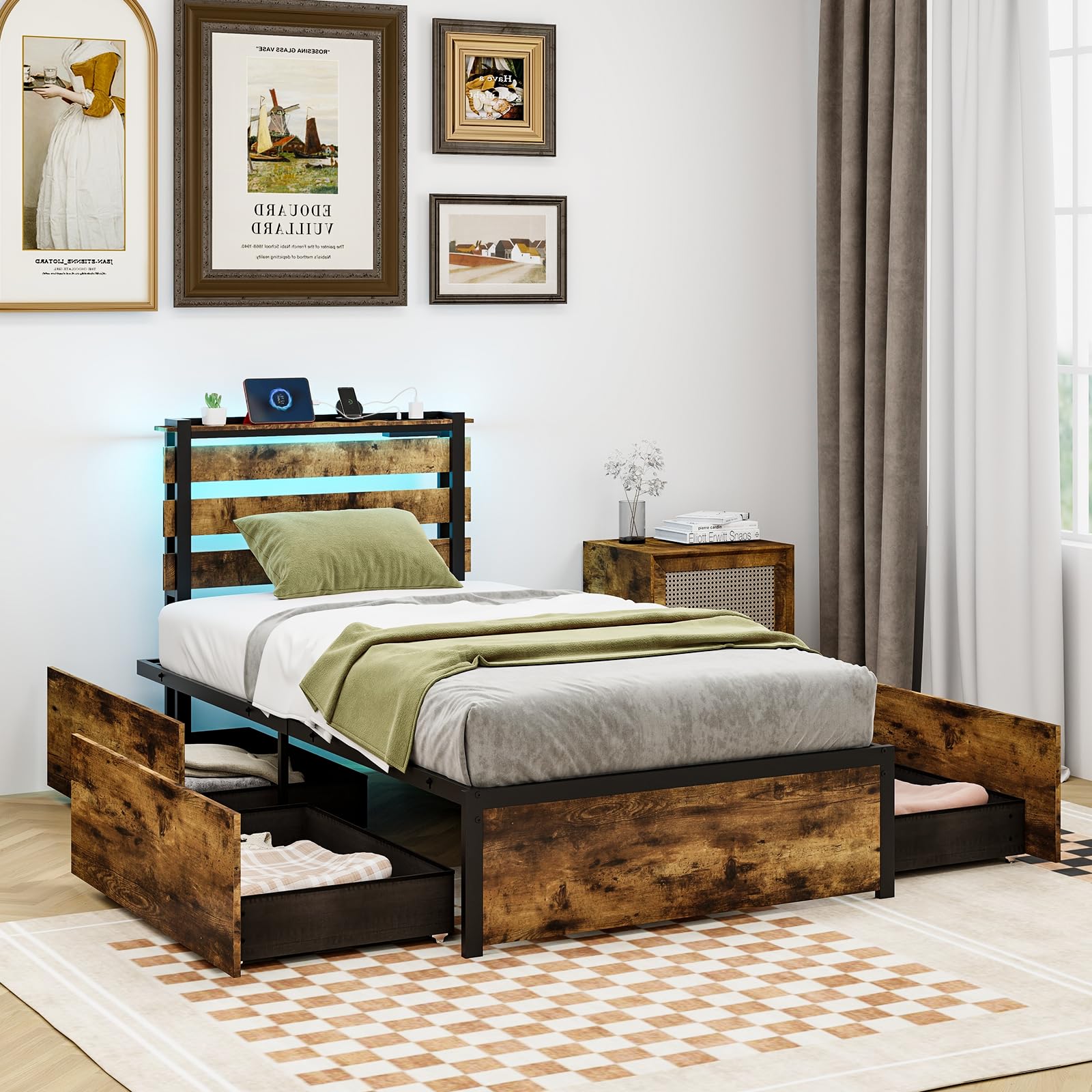 KOMFOTT Industrial Bed Frame with 4 Drawers & LED Lights Headboard