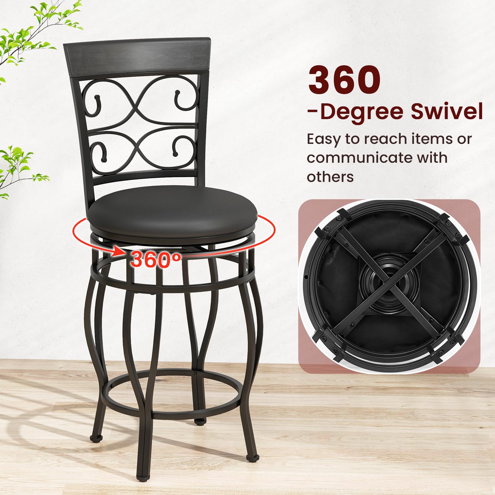 KOMFOTT Swivel Bar Stools Set of 2/4, Counter Height Bar Stools with Back, Upholstered PU Leather Seat, Footrest
