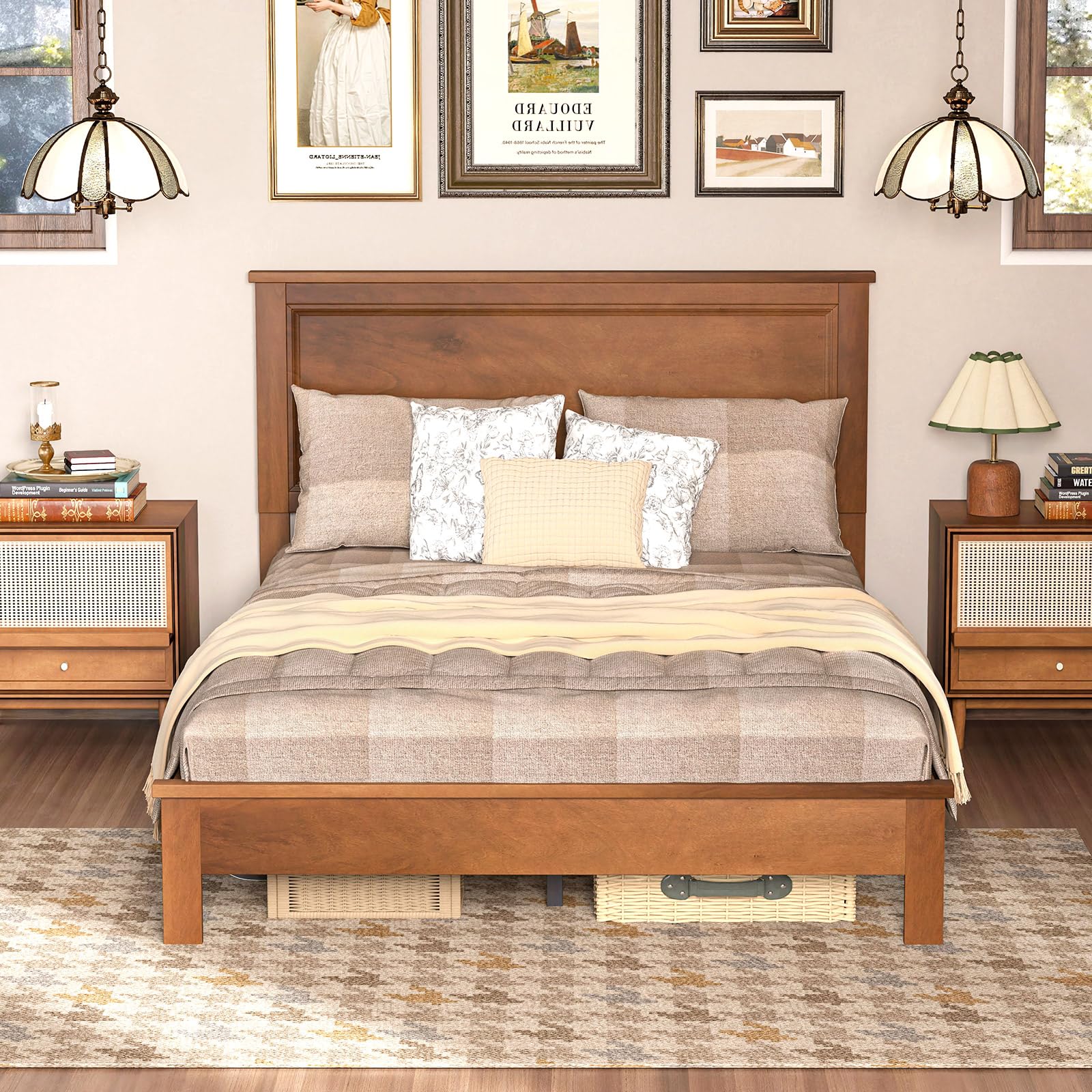 KOMFOTT Mid-Century Modern Platform Bed with Headboard, Solid Wood Legs