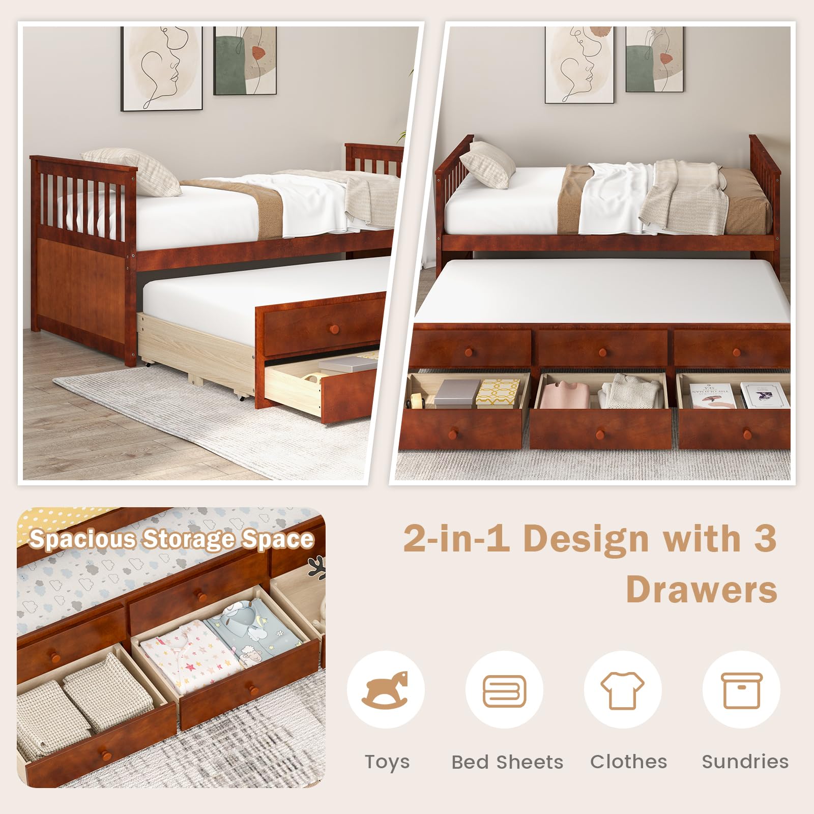 KOMFOTT Twin Captain’s Bed with Trundle Bed, Wood Storage Daybed with 3 Storage Drawers