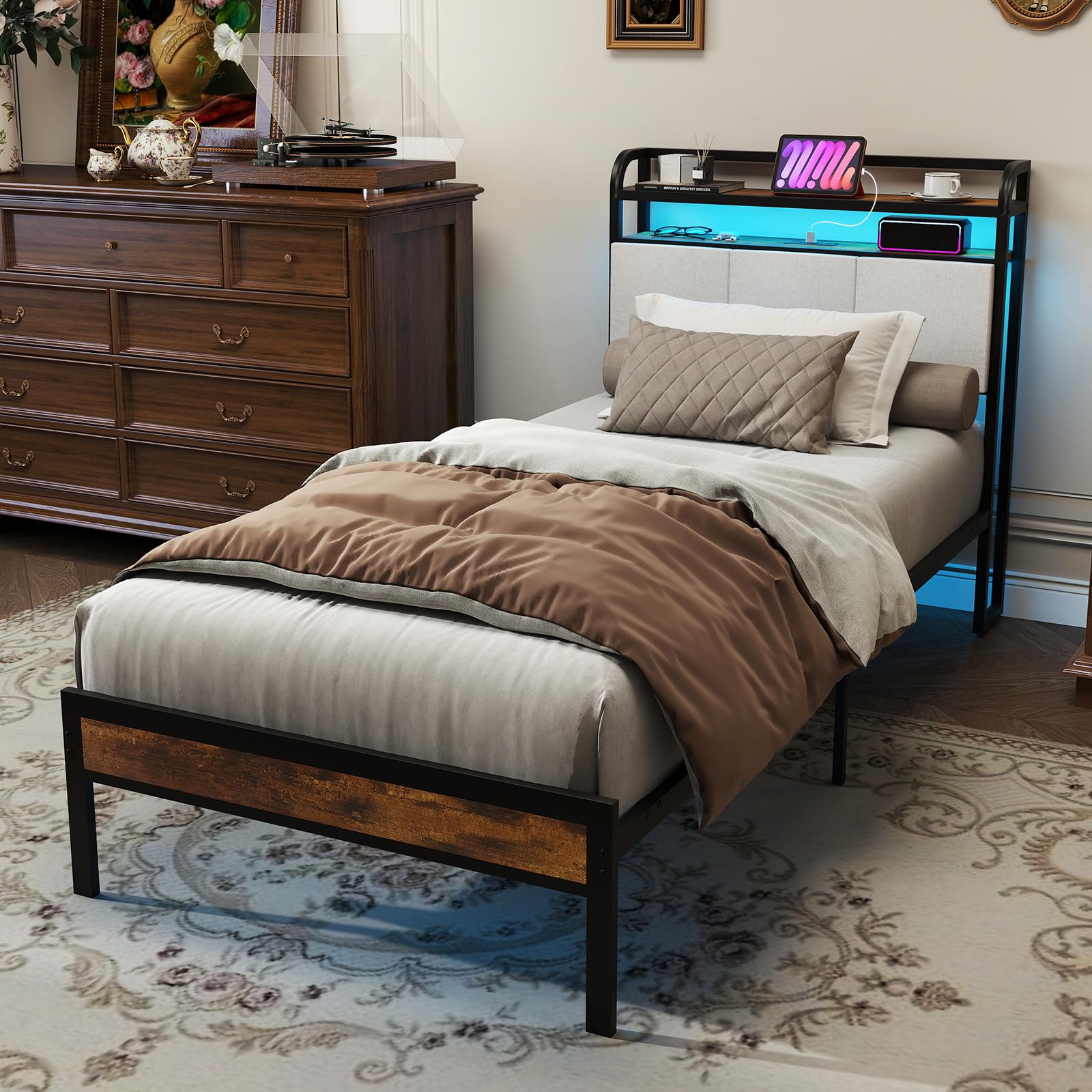 KOMFOTT Metal Bed Frame with Charging Station