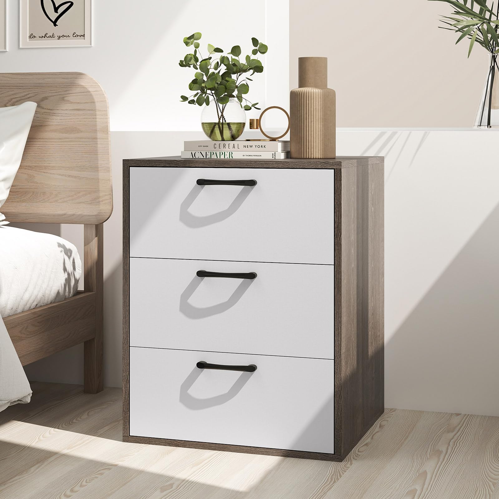 KOMFOTT Nightstand with 3 Drawers( (White & Grey))