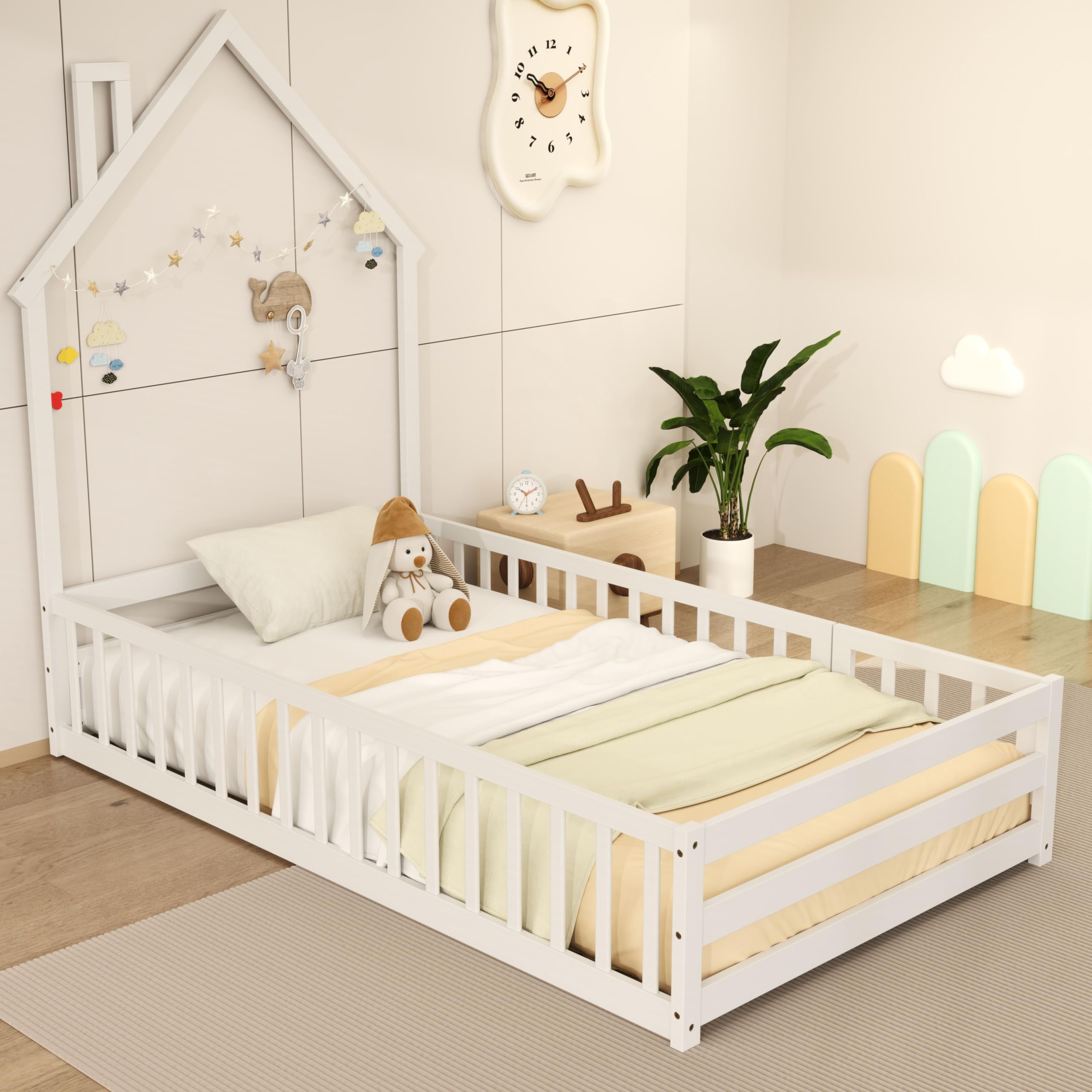 KOMFOTT Twin Size Wood Floor Bed with Door & Fence