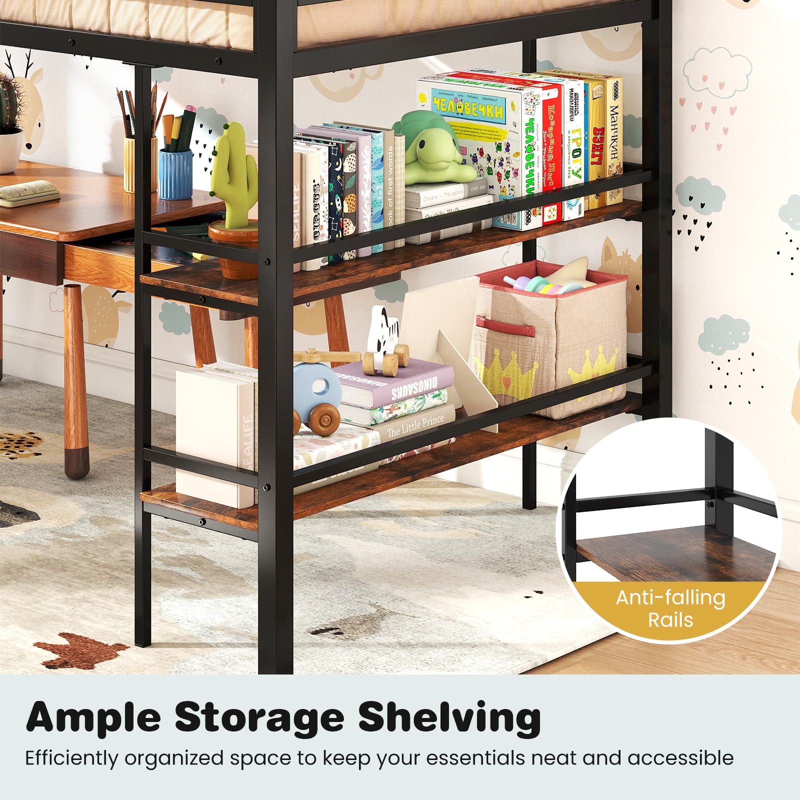 KOMFOTT Twin Size Metal Loft Bed w/Storage Shelves