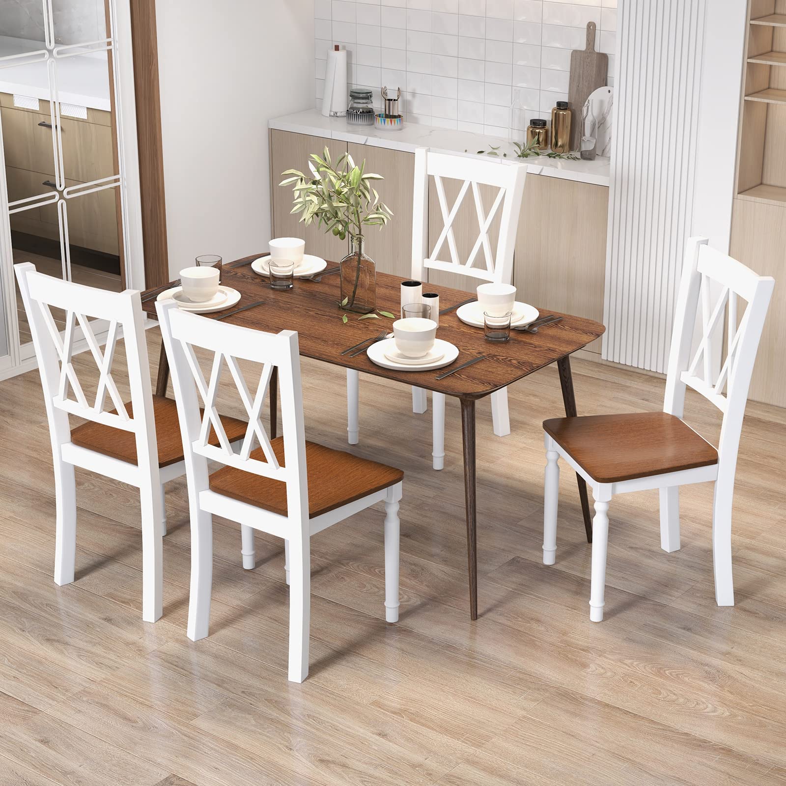 KOMFOTT Dining Room Chairs Set of 4 White - Wooden Farmhouse Kitchen Chairs with Rubber Wood Seat