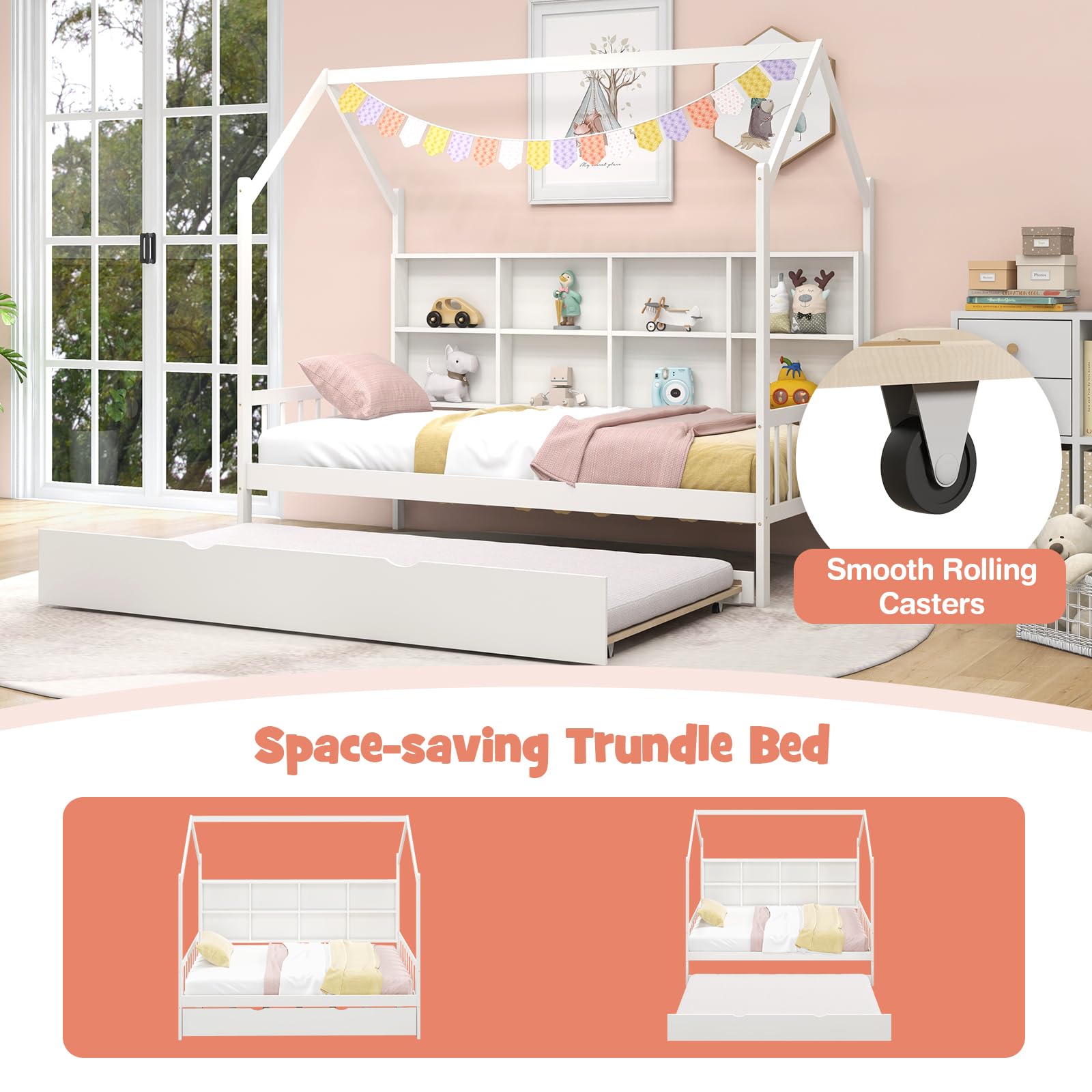 KOMFOTT Wood Twin House Bed with Trundle（White）
