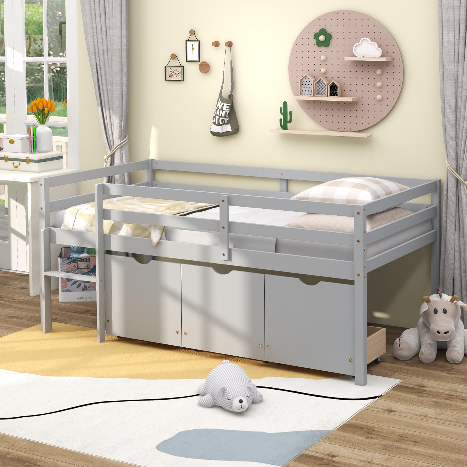 KOMFOTT Twin Low Loft Bed with 3 Storage Drawers
