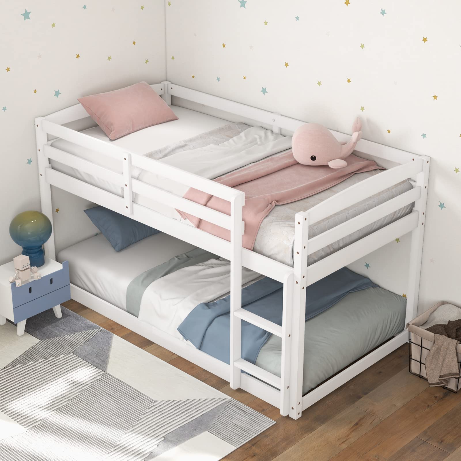 KOMFOTT Twin Over Twin Solid Wood Low Bunk Bed with Full Guardrails & Integrated Ladder