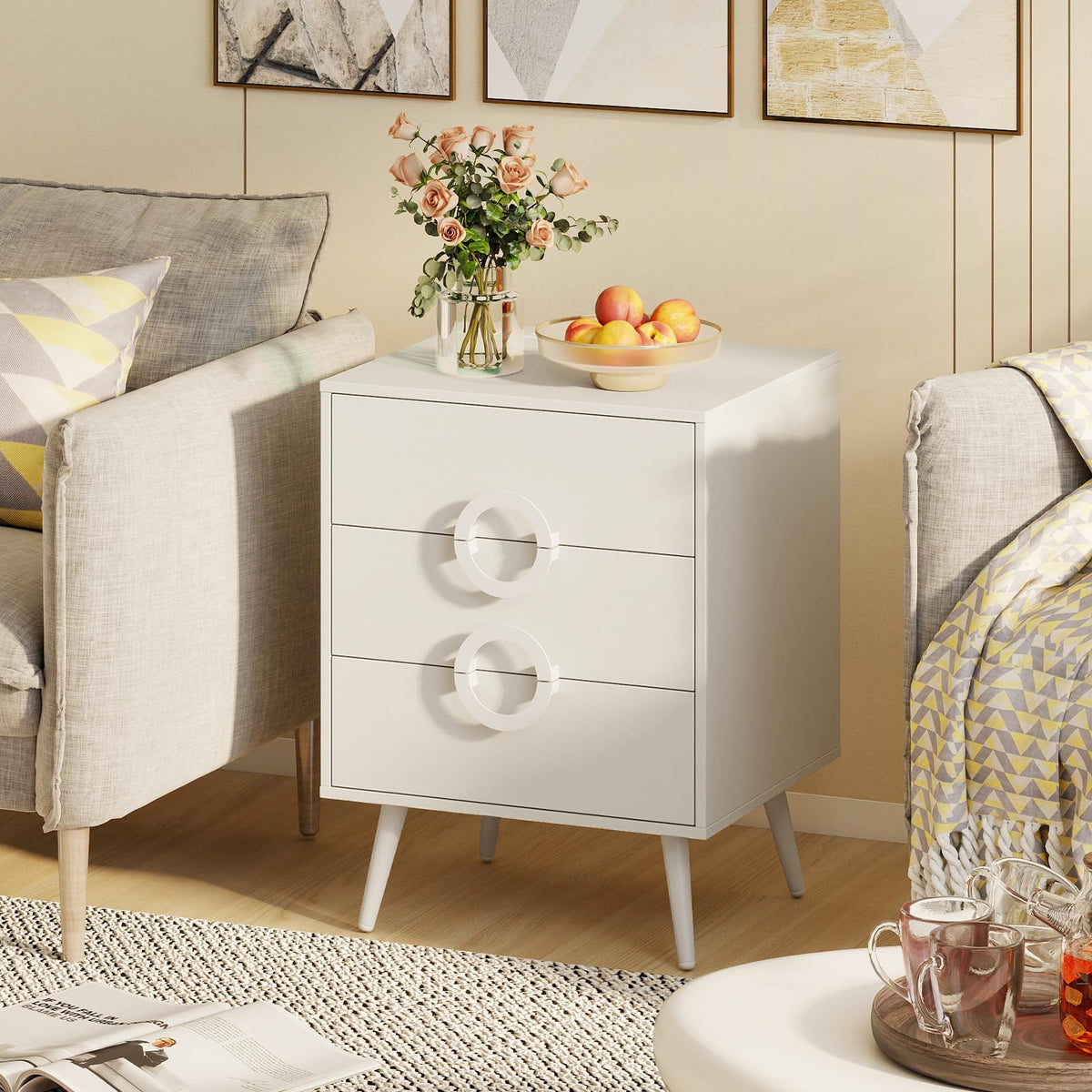 KOMFOTT Nightstand with 3 Drawers Bedside Table w/ Charging Station(18" x 16" x 23.5")