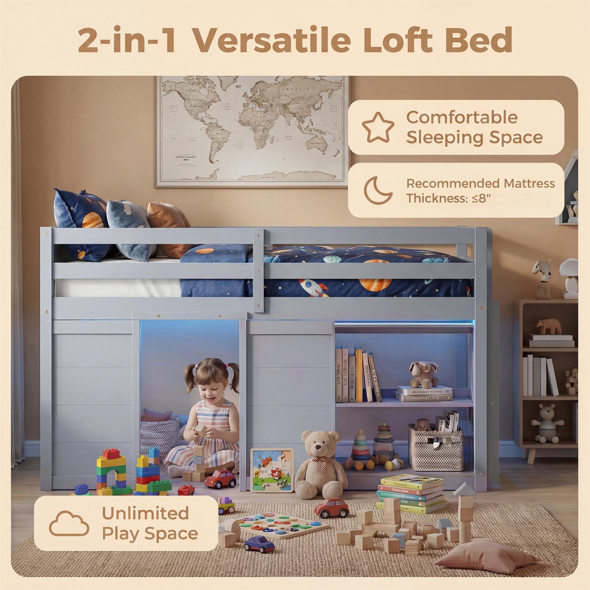 KOMFOTT Twin Low Loft Bed with LED Lights & 2 Doors, Under-Bed Play Space & Storage Bookcase