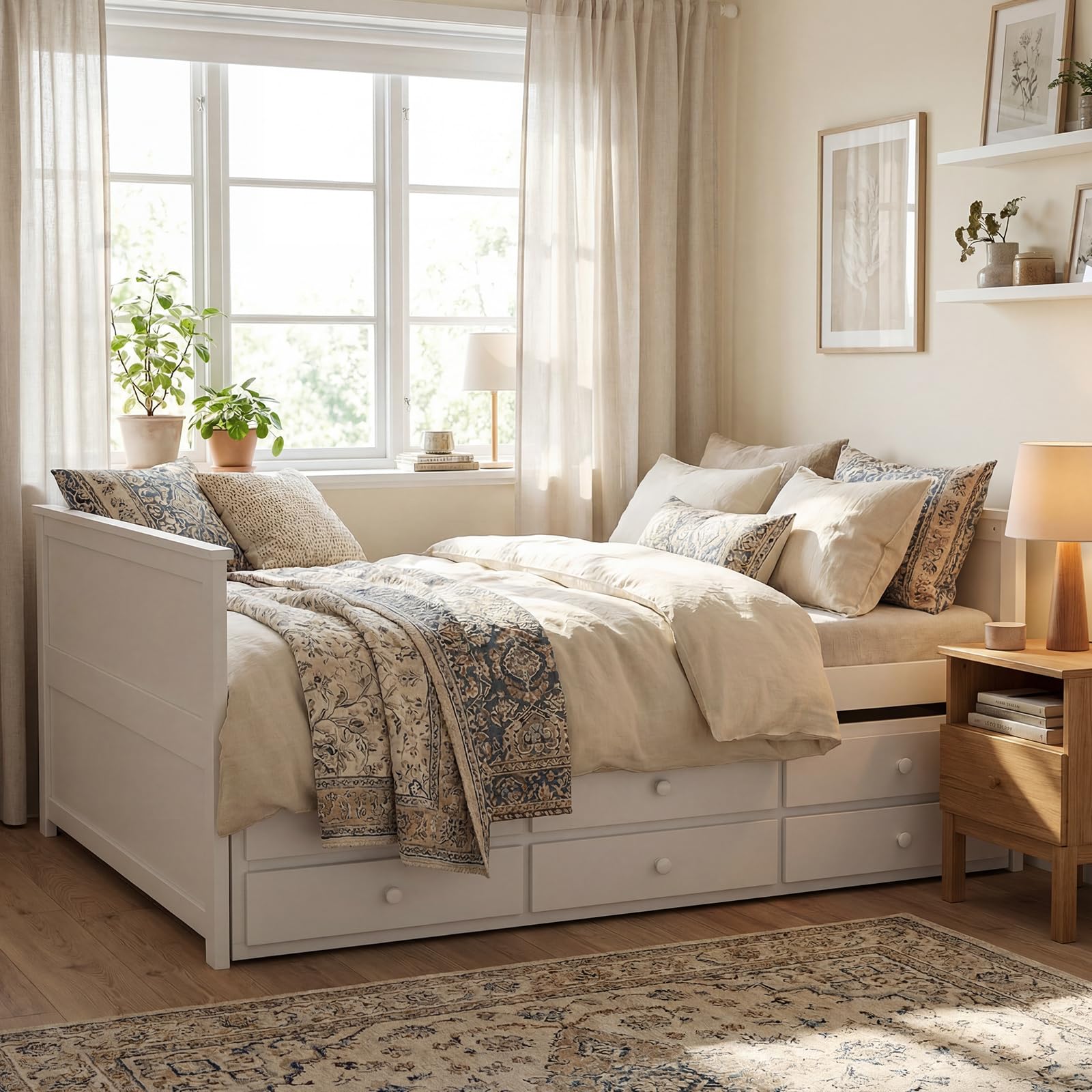KOMFOTT Wood Full Trundle Bed with 3 Storage Drawers