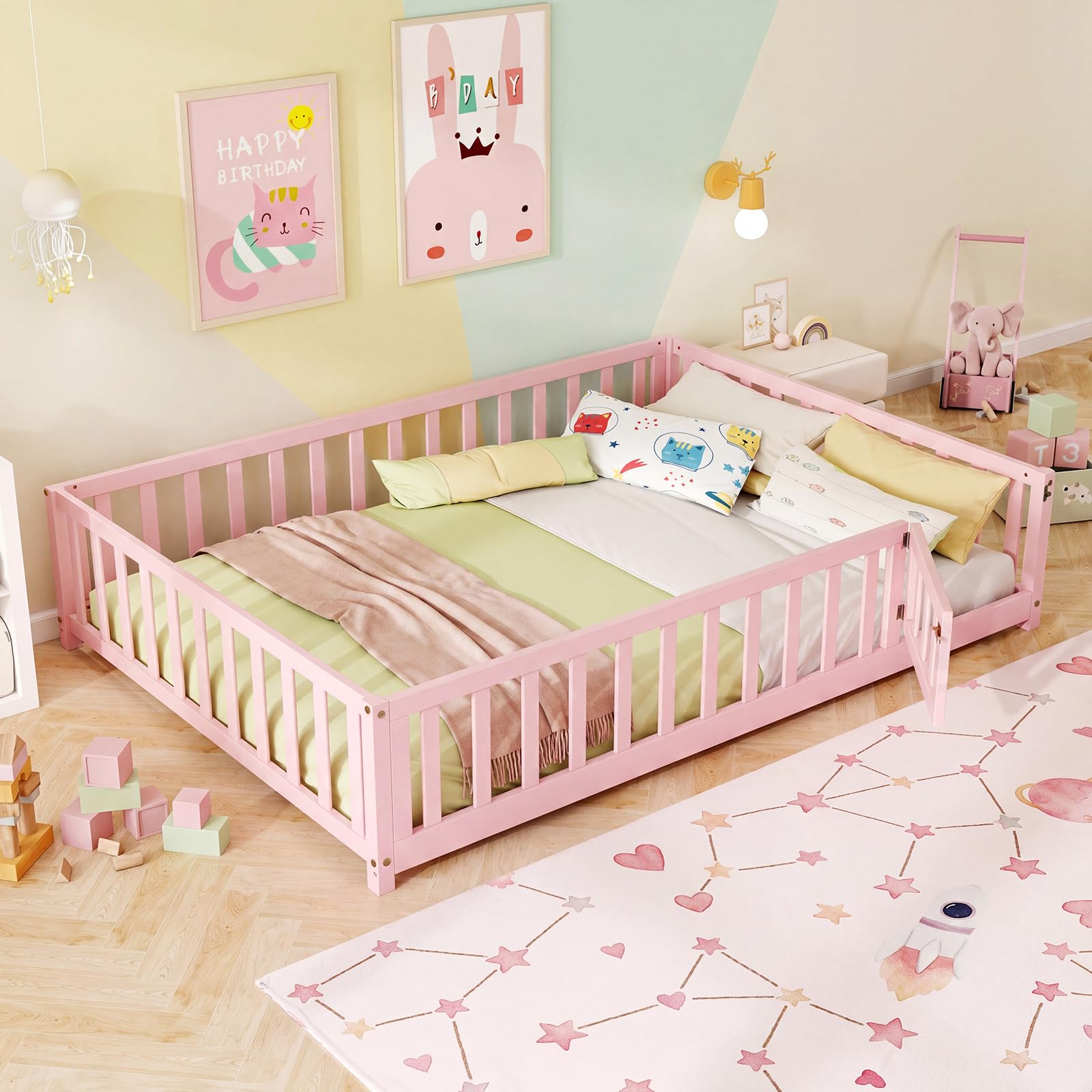 KOMFOTT Full Size Wood Floor Bed with Door & Fence(Full with Slats)