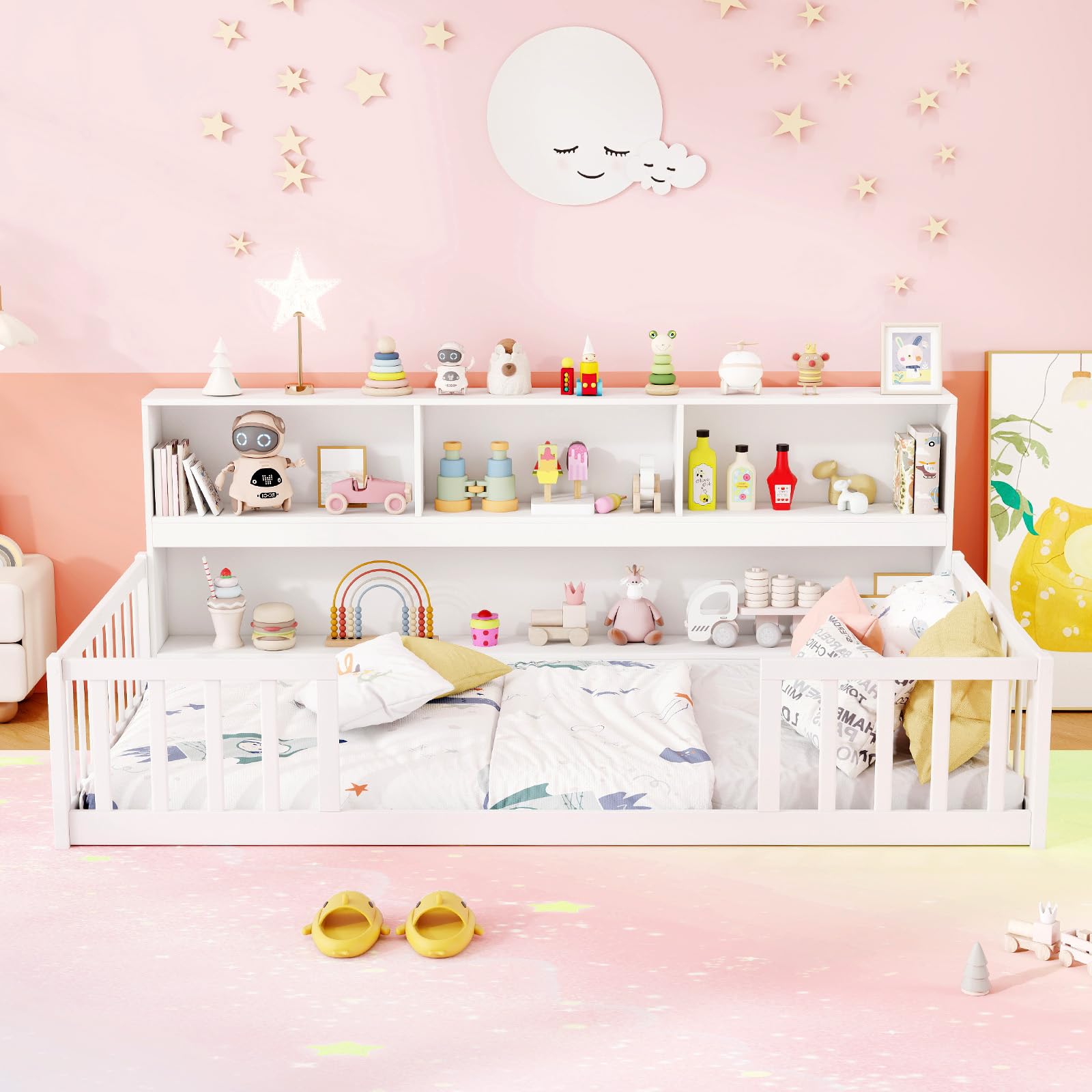 KOMFOTT Twin Floor Bed with Bookcase & Shelves