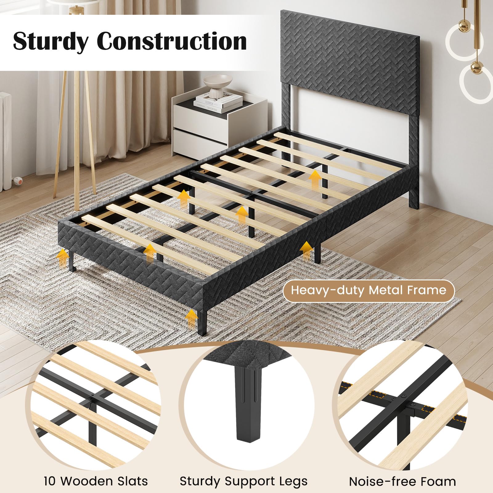 KOMFOTT Bed Frame with Height Adjustable Linen Headboard
