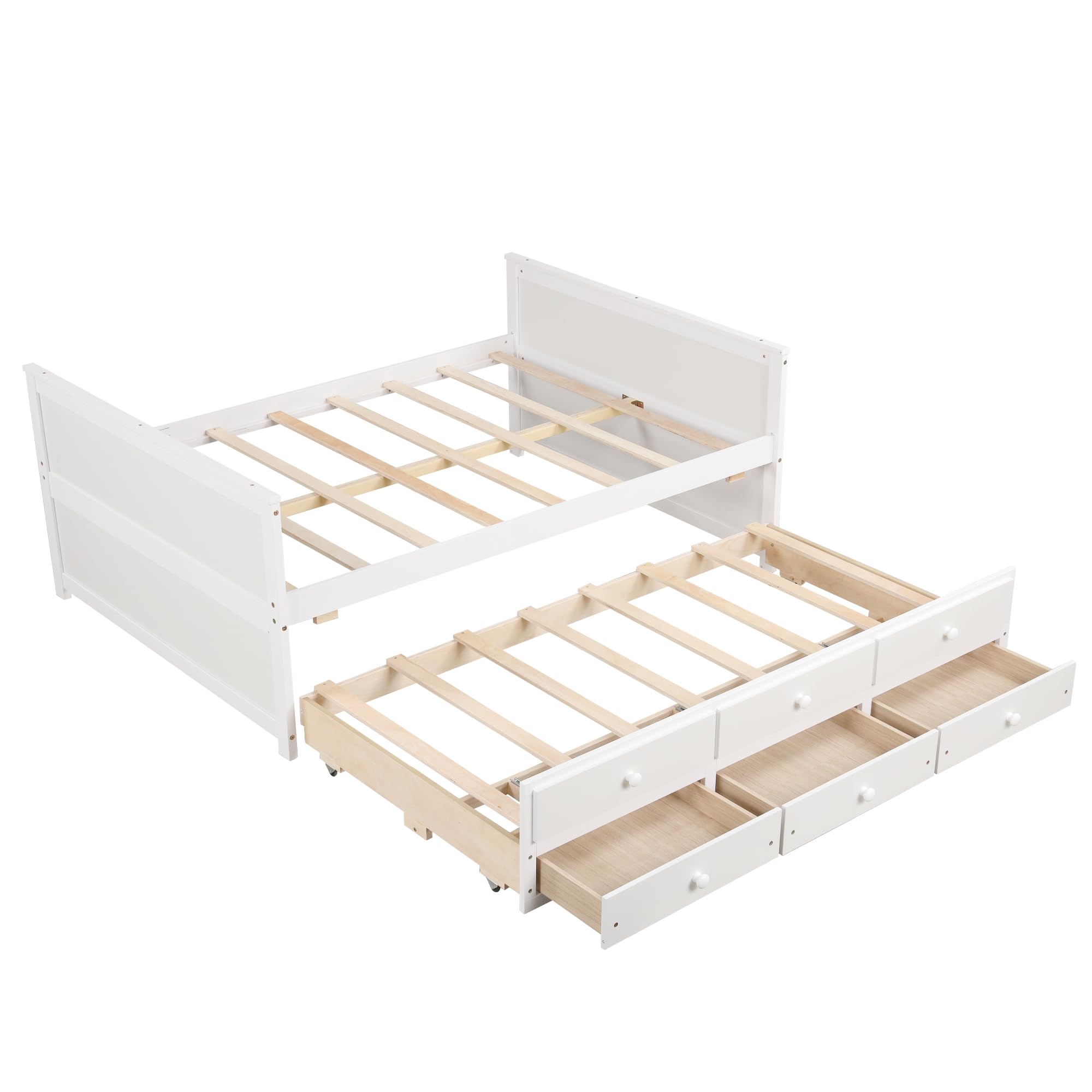 KOMFOTT Wood Full Trundle Bed with 3 Storage Drawers