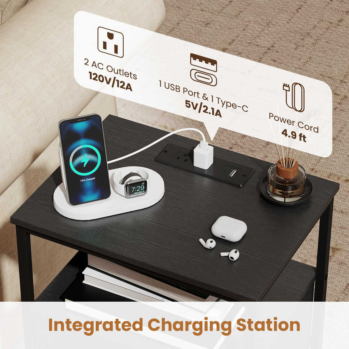KOMFOTT 1/2 Nightstands with Charging Station 24.5" Modern Bedside Table(2 Drawers)