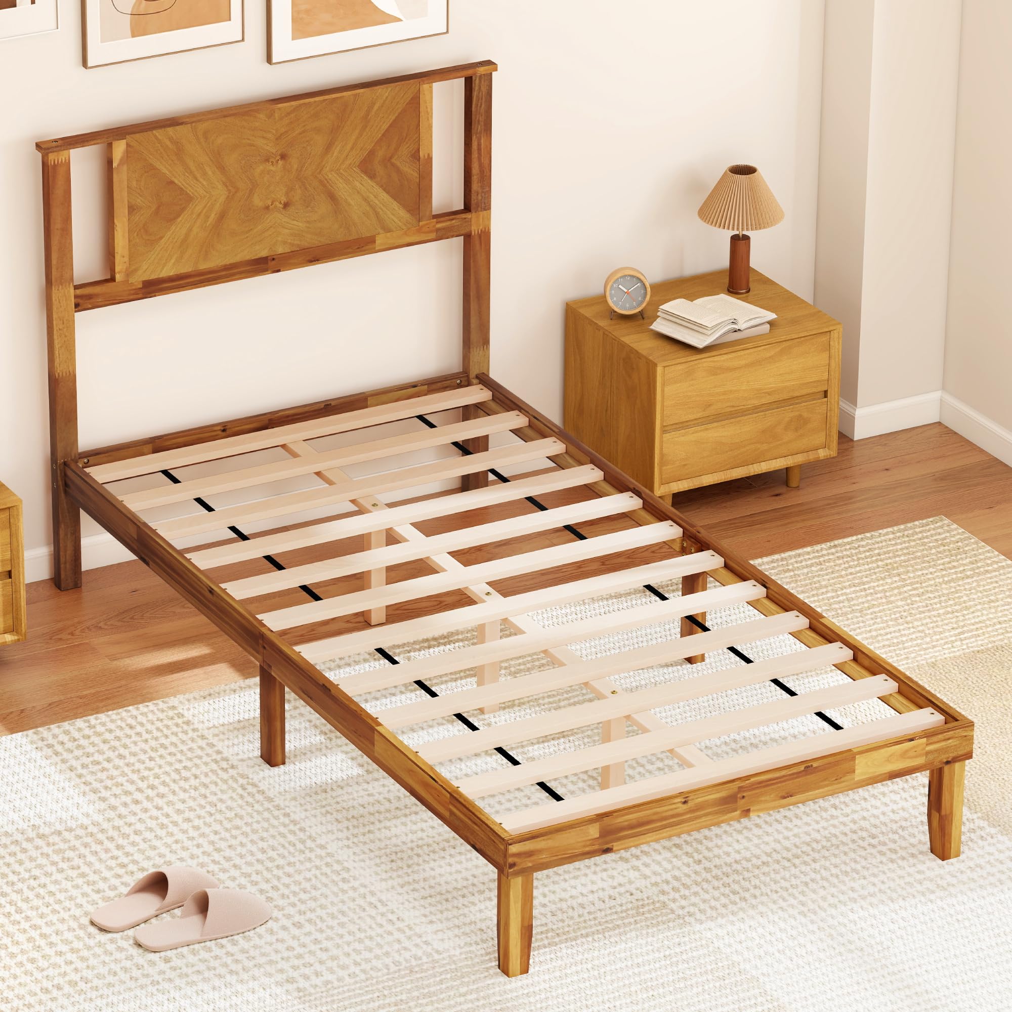 KOMFOTT Wood Bed Frame with Headboard