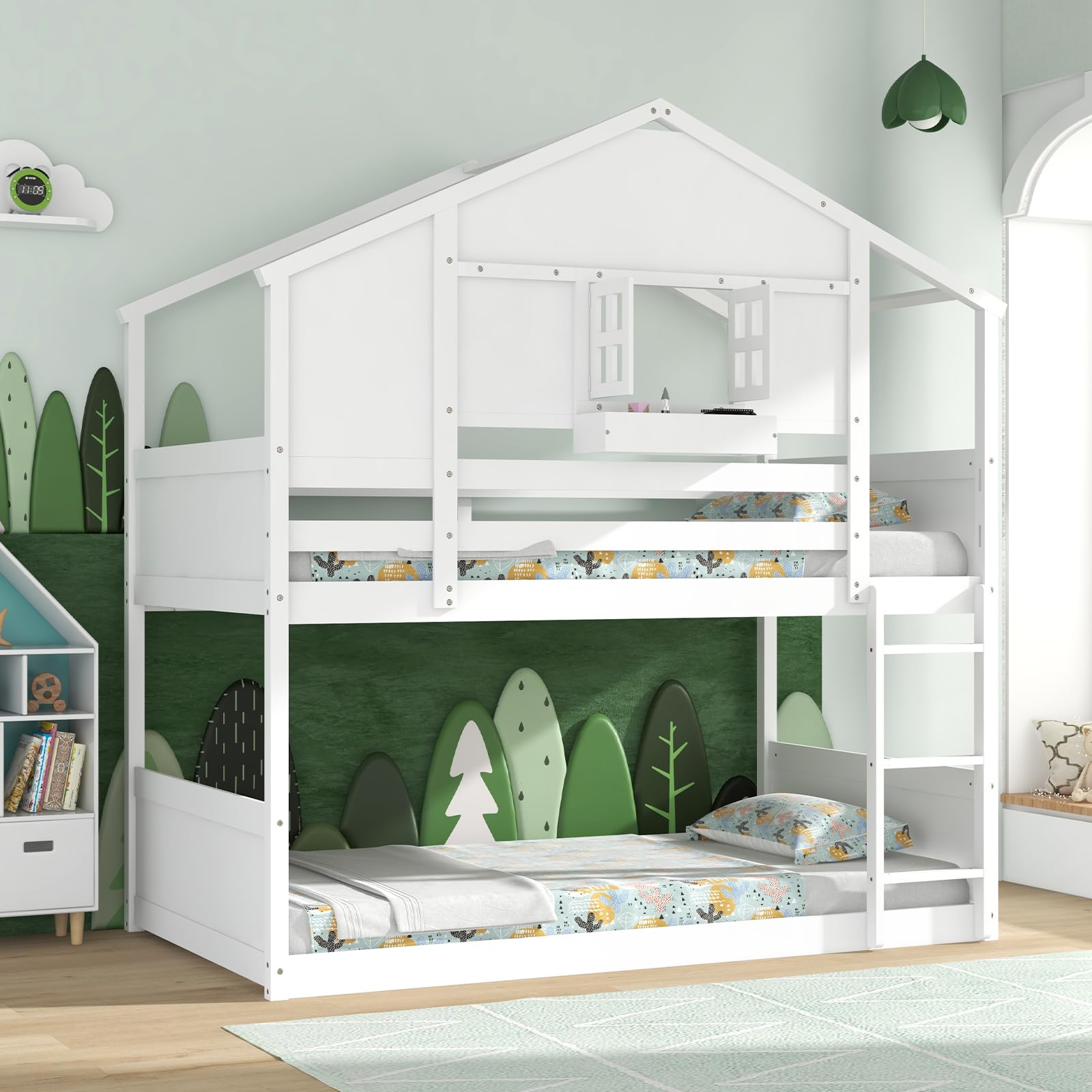 KOMFOTT Twin Over Twin Wood House Bunk Bed for Kids with Roof, Window Door, Storage Box, Safety Guardrails, Wood Slats & Ladder