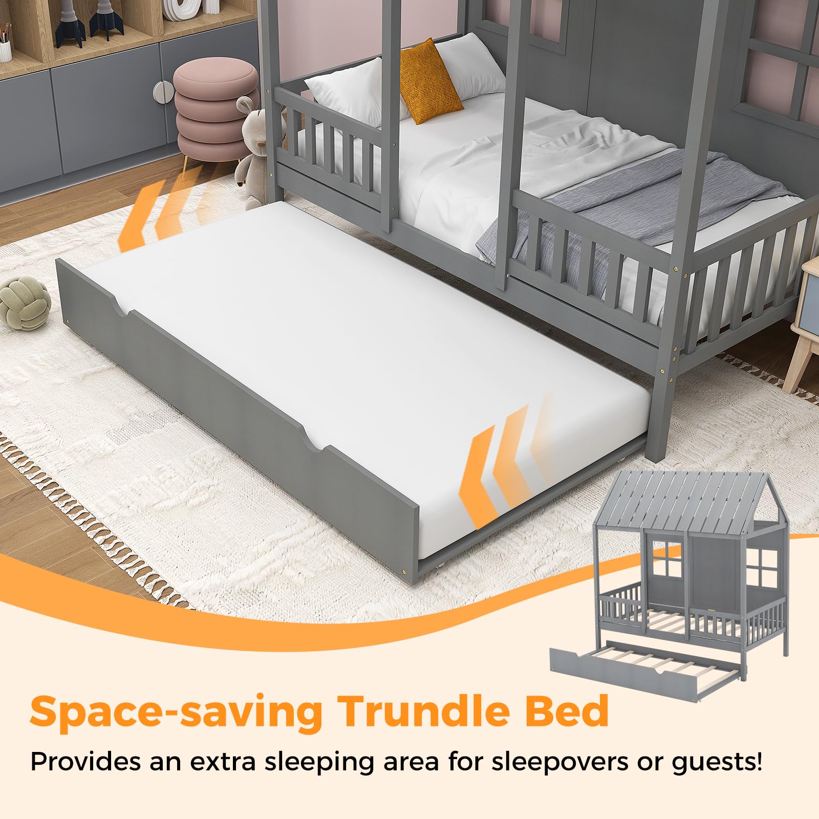 KOMFOTT Twin Size House Bed with Trundle Wood Kid’s House Bed Frame