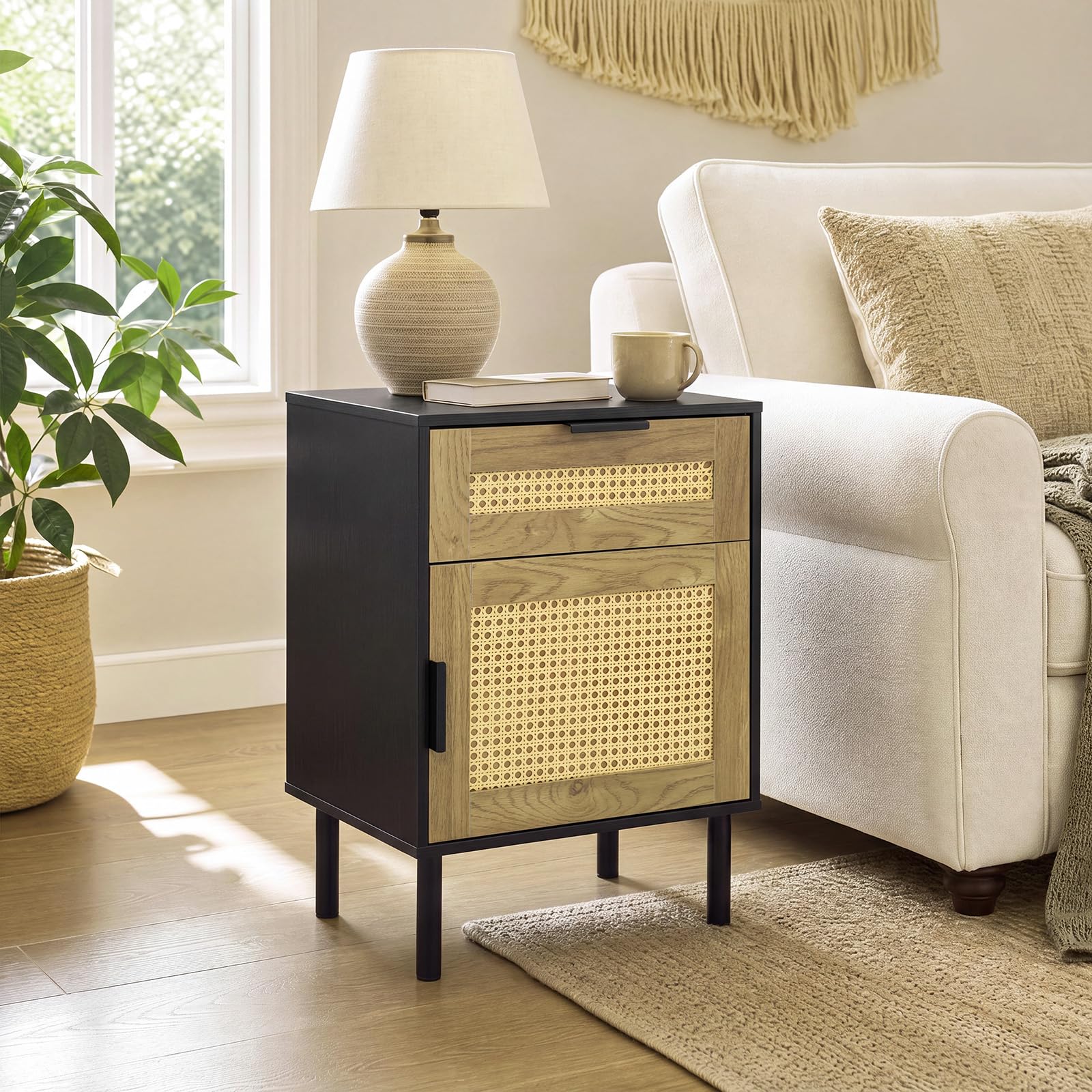 KOMFOTT Set of 2 Rattan Nightstand w/Drawer & Storage Cabinet