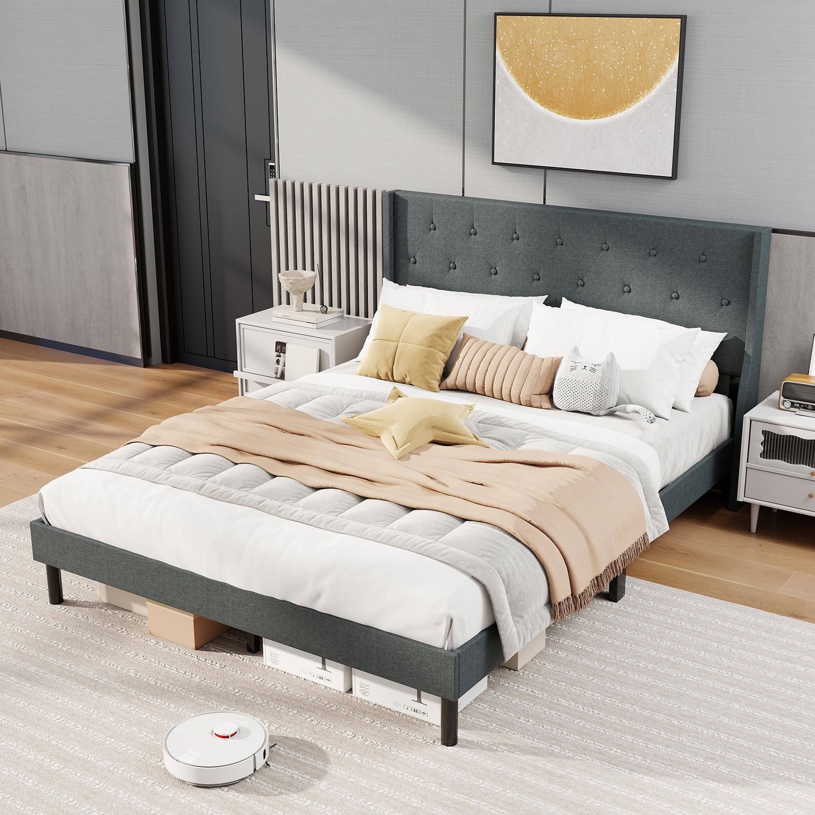KOMFOTT Queen Size Linen Upholstered Bed Frame
