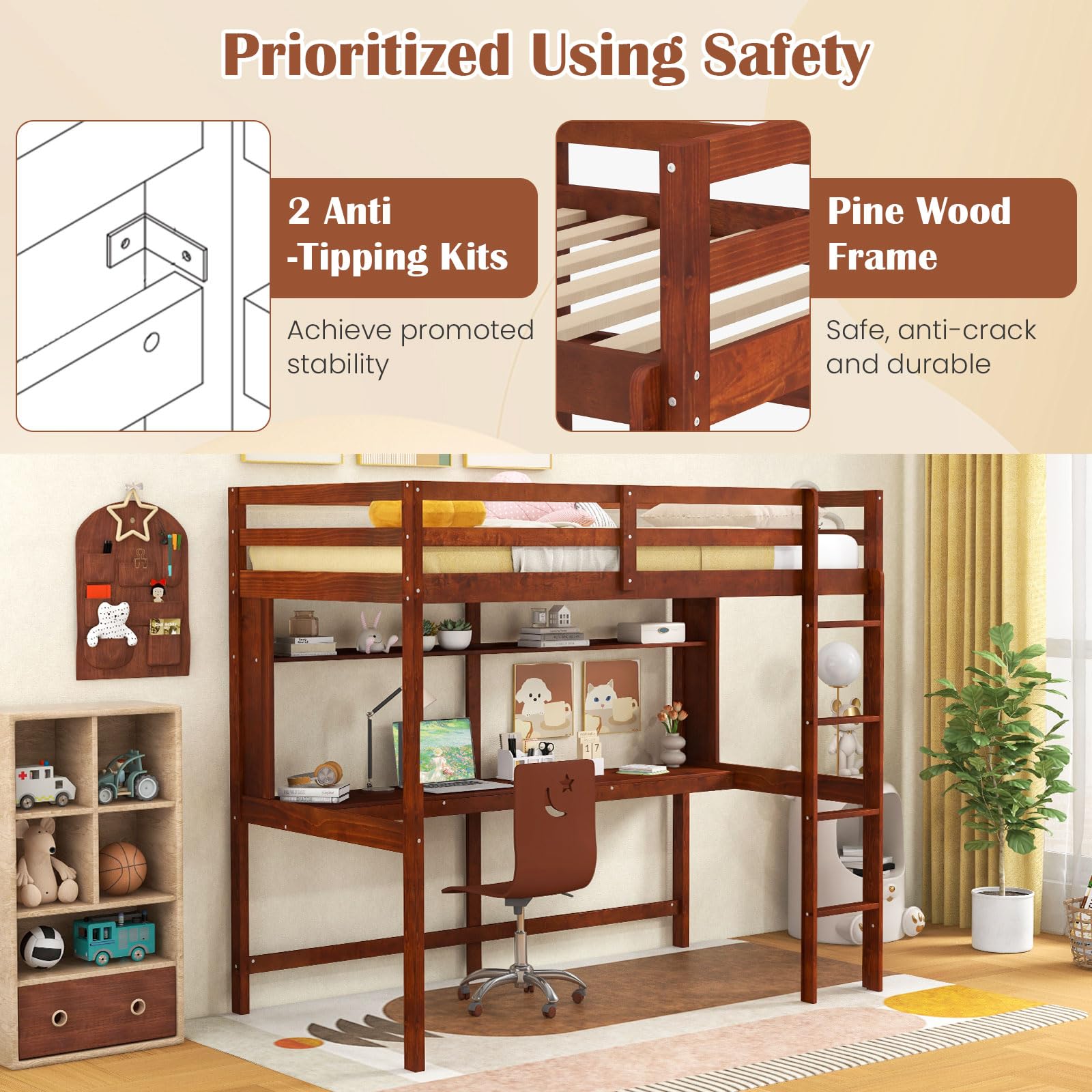 KOMFOTT Twin Loft Bed with Desk Wood Loft Beds for Kids