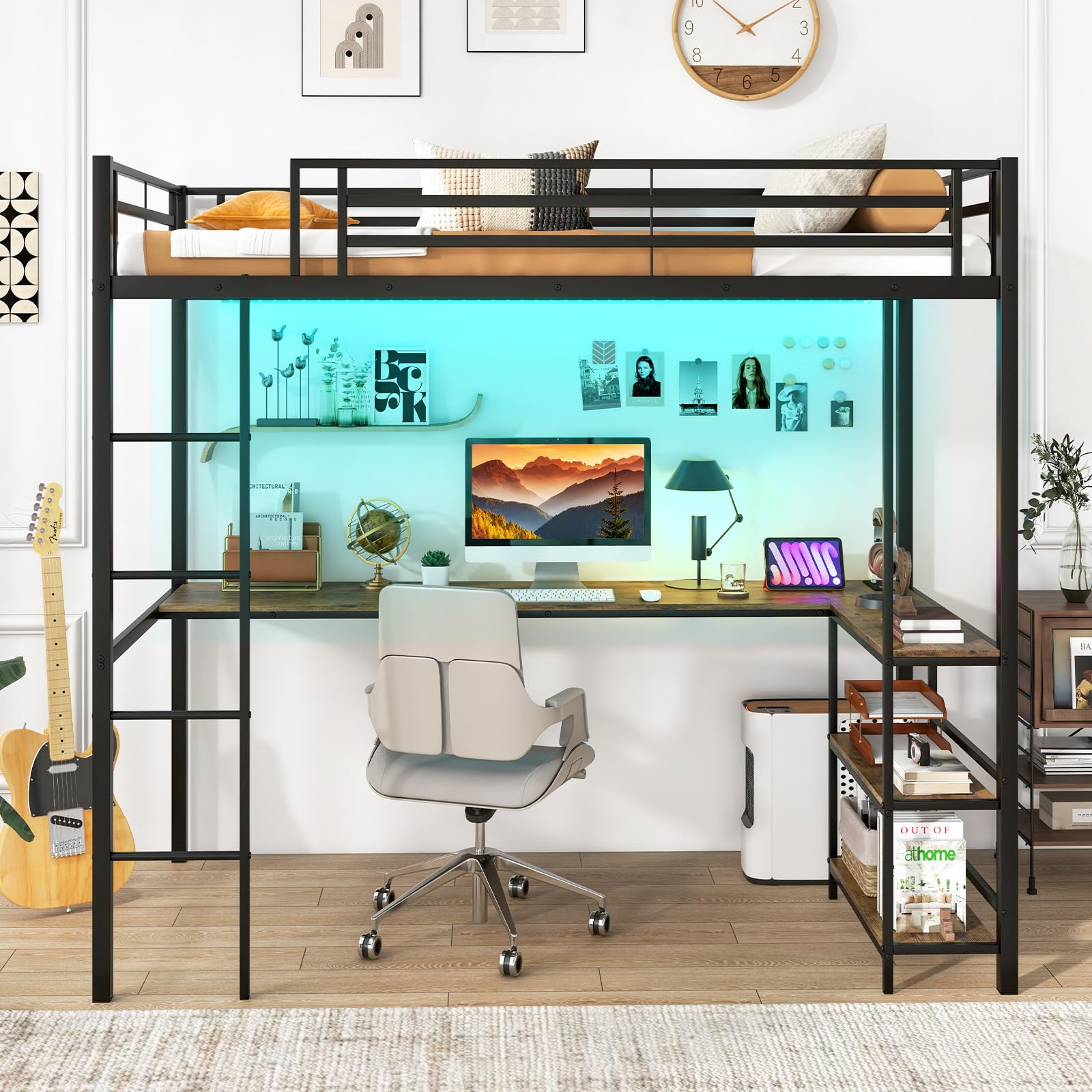 KOMFOTT Twin Size Loft Bed with L-Shaped Desk & Storage Shelves