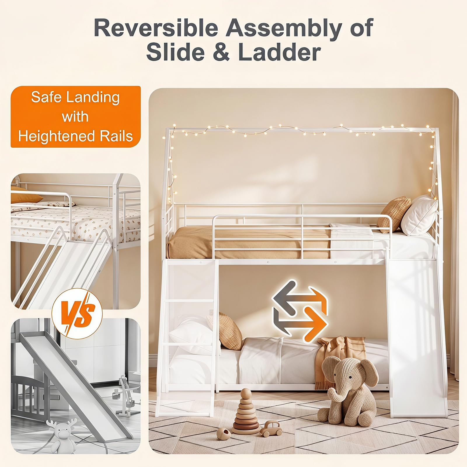KOMFOTT Bunk Bed Twin Over Twin with Reversible Slide and Ladder