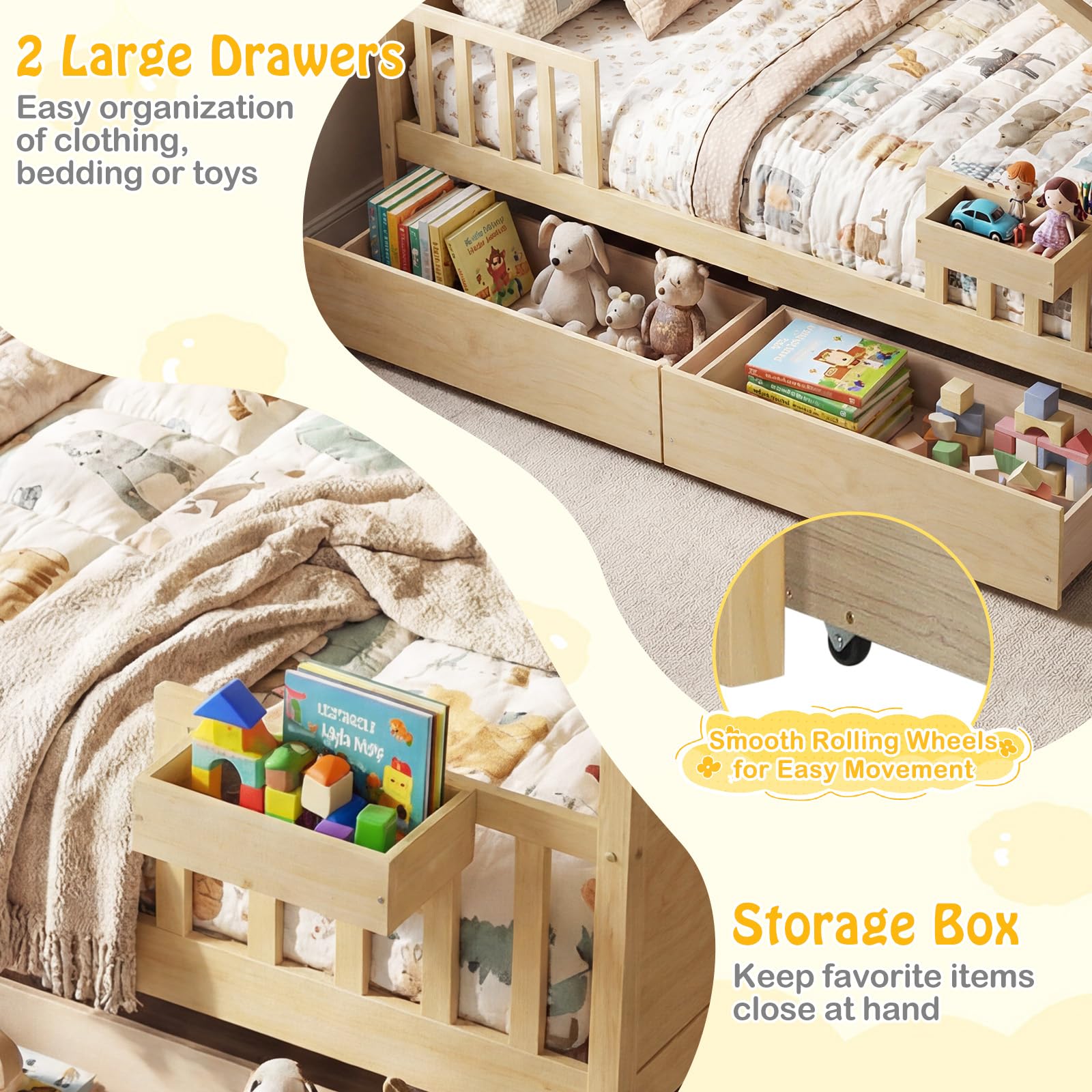 KOMFOTT Full Size House Bed for Kids with 2 Rolling Drawers & Roof & Fence Rails