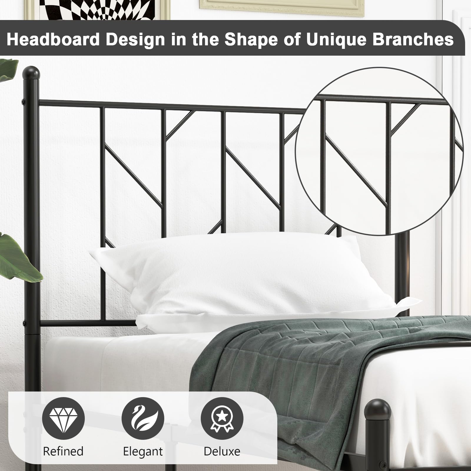 KOMFOTT Metal Bed Frame with Victorian Style Headboard, 14 Metal Slats Support