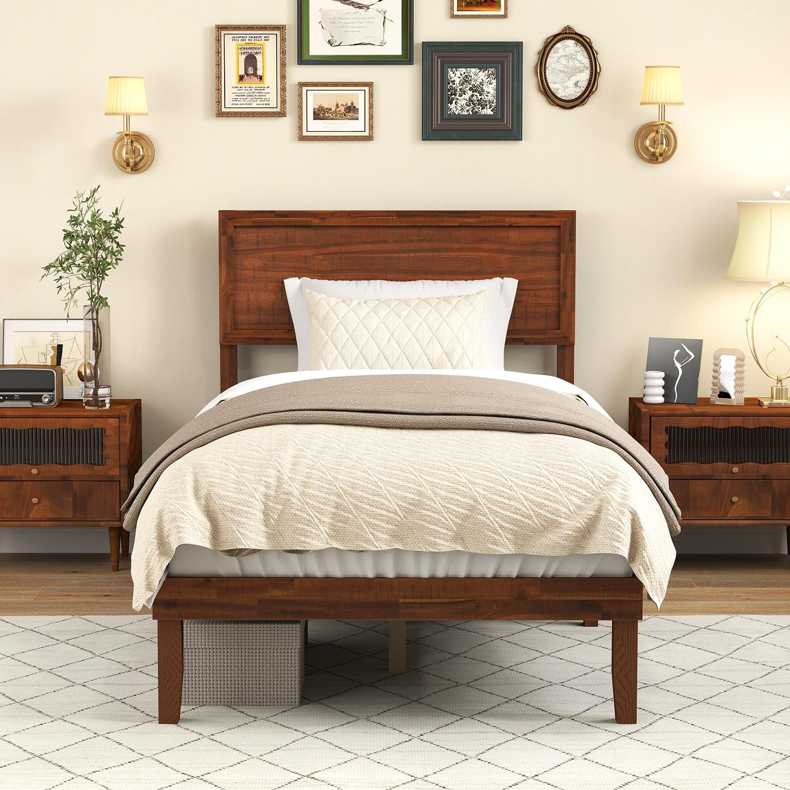 KOMFOTT Retro Wood Bed Frame with Headboard