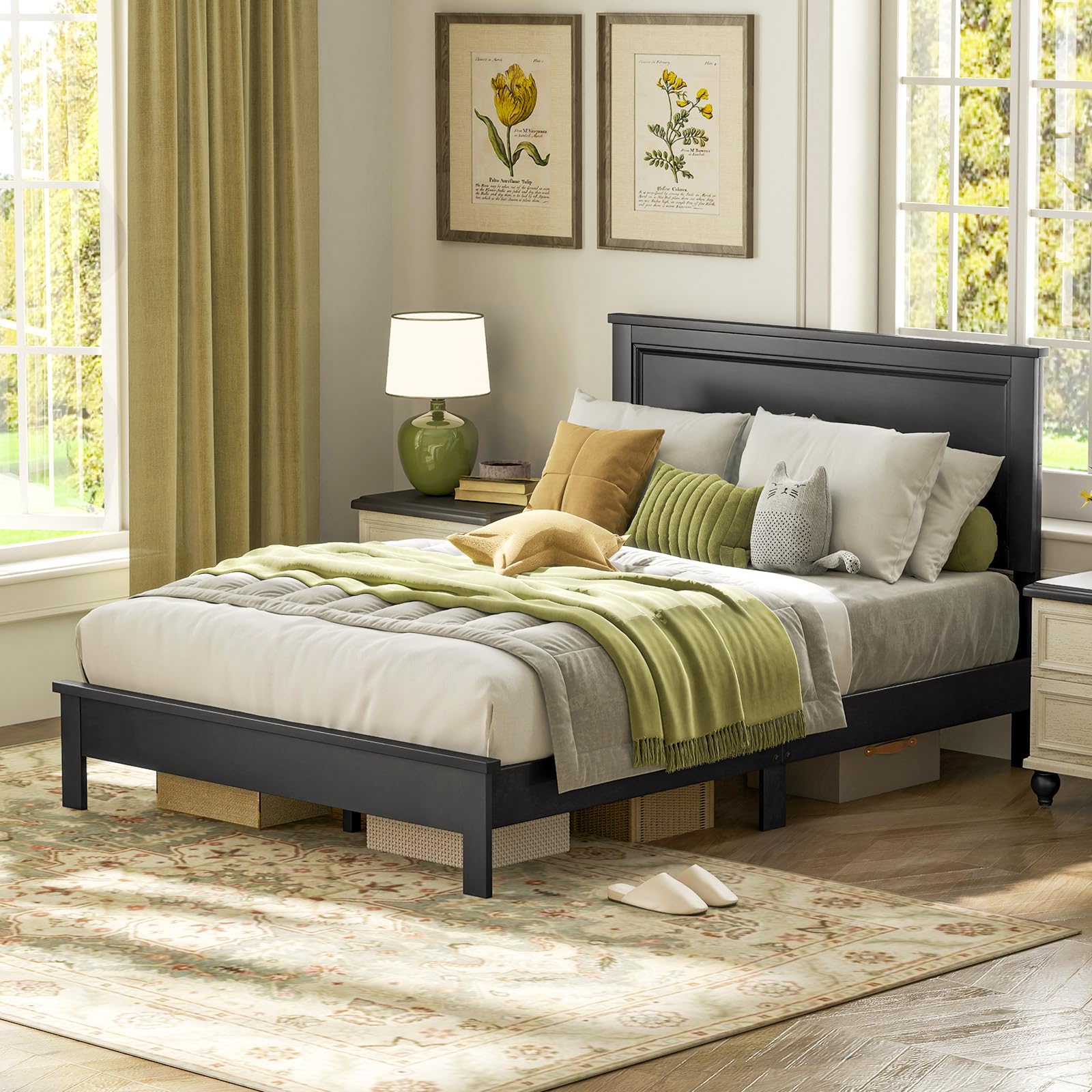 KOMFOTT Mid-Century Modern Platform Bed with Headboard, Solid Wood Legs