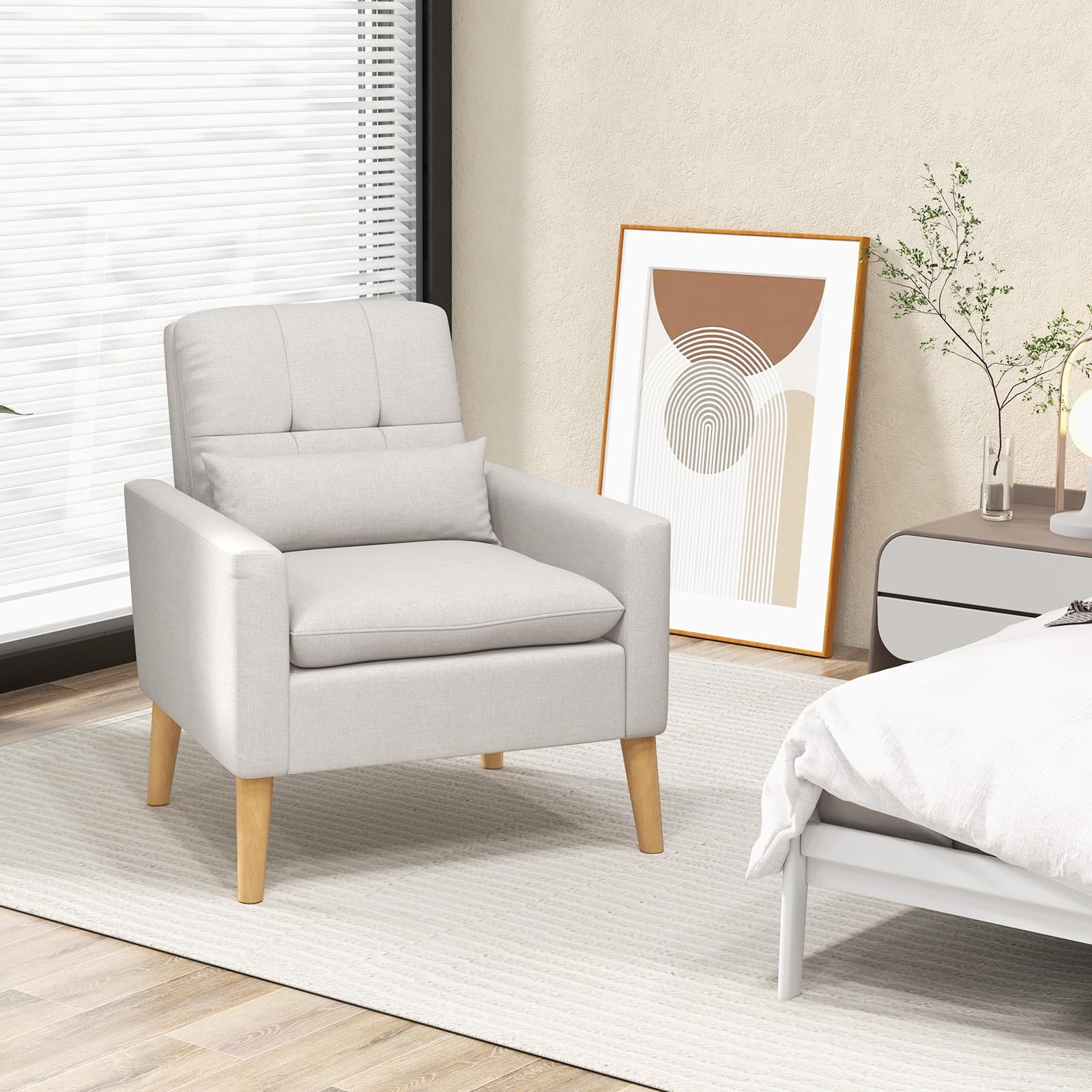 KOMFOTT Modern Linen Accent Chair, Upholstered Tufted Armchair with Lumbar Pillow, Rubber Wood Legs, Padded Cushion