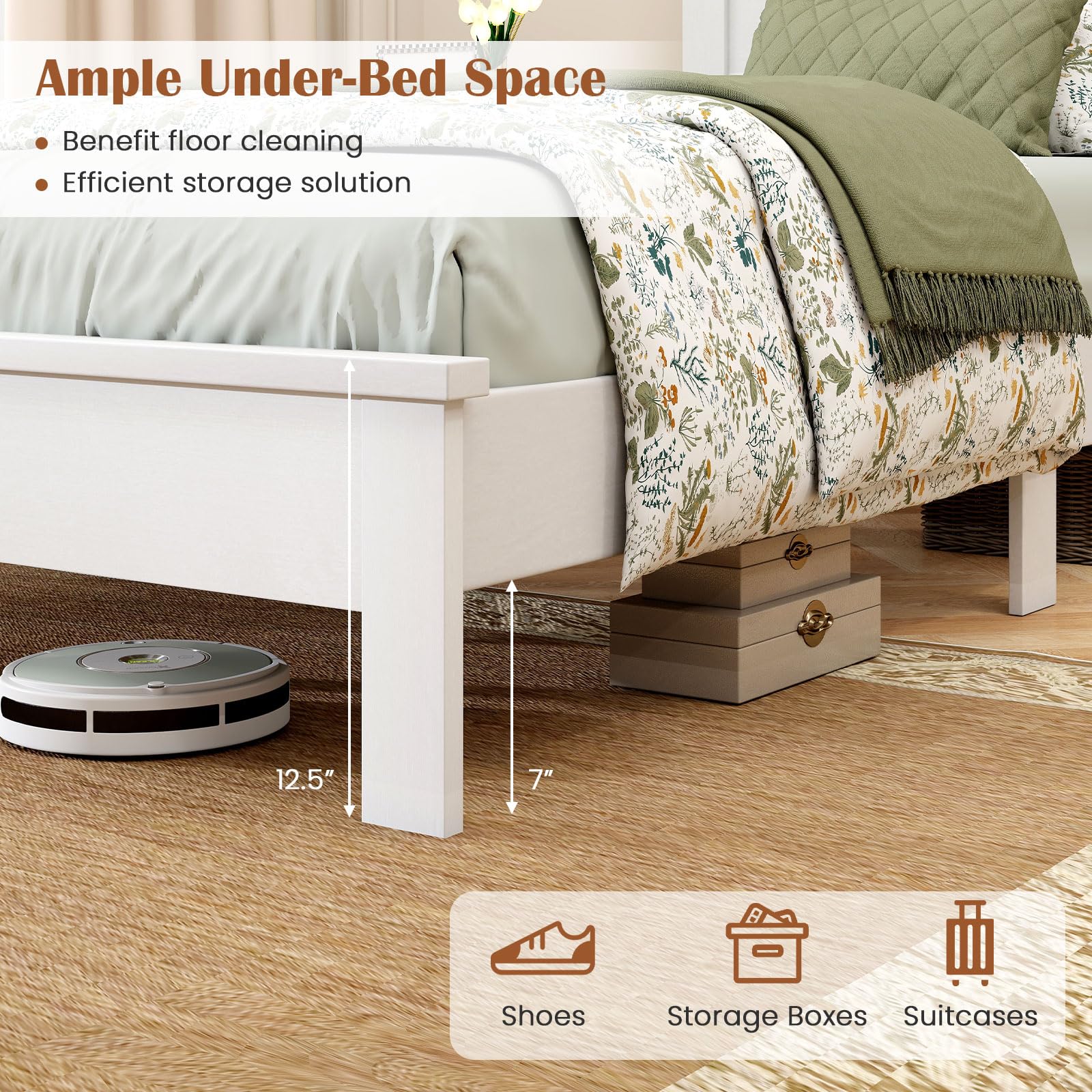 KOMFOTT Mid-Century Modern Platform Bed with Headboard, Solid Wood Legs