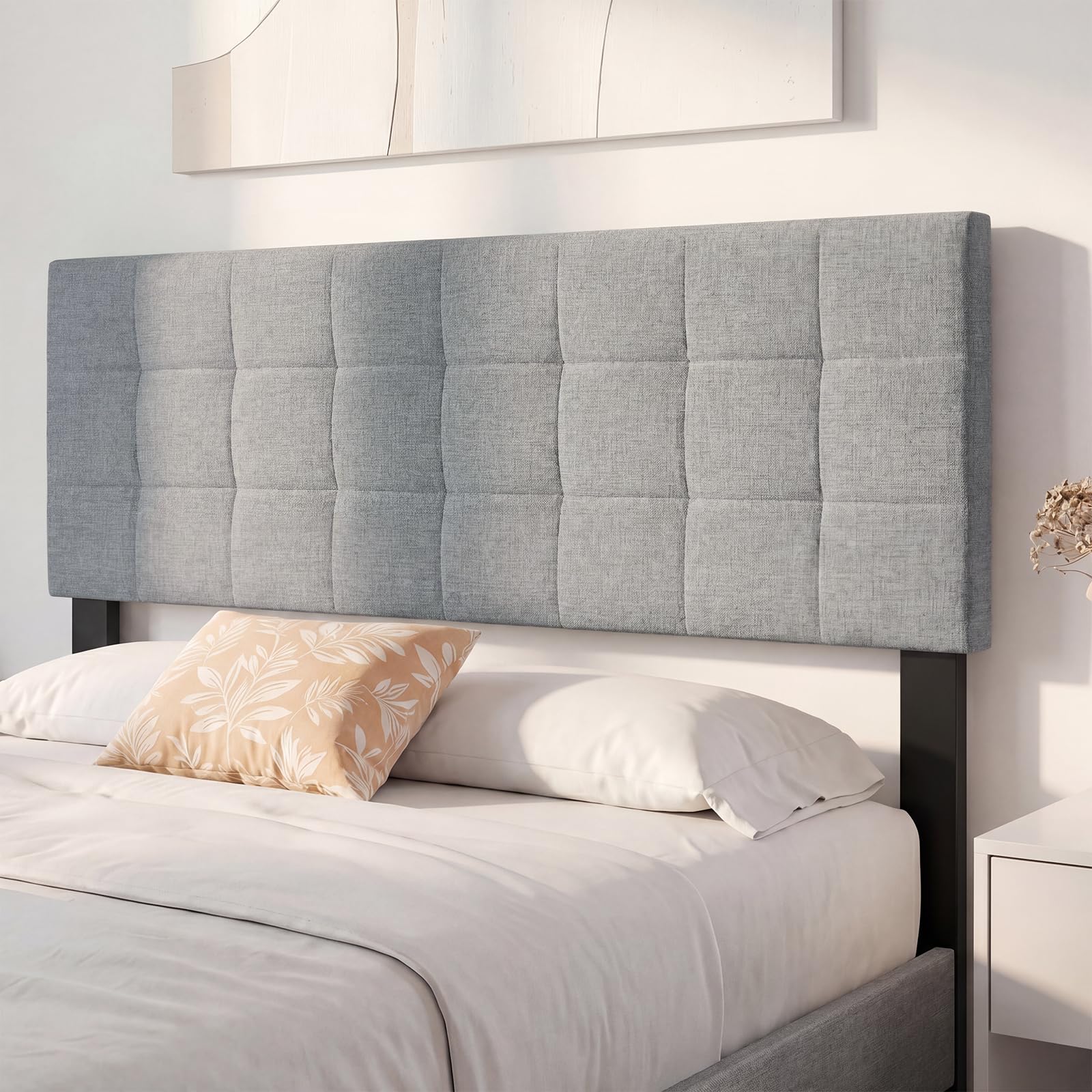 KOMFOTT Linen Upholstered Headboard for Full & Queen Size Bed(Quadrate Channel Tufted)