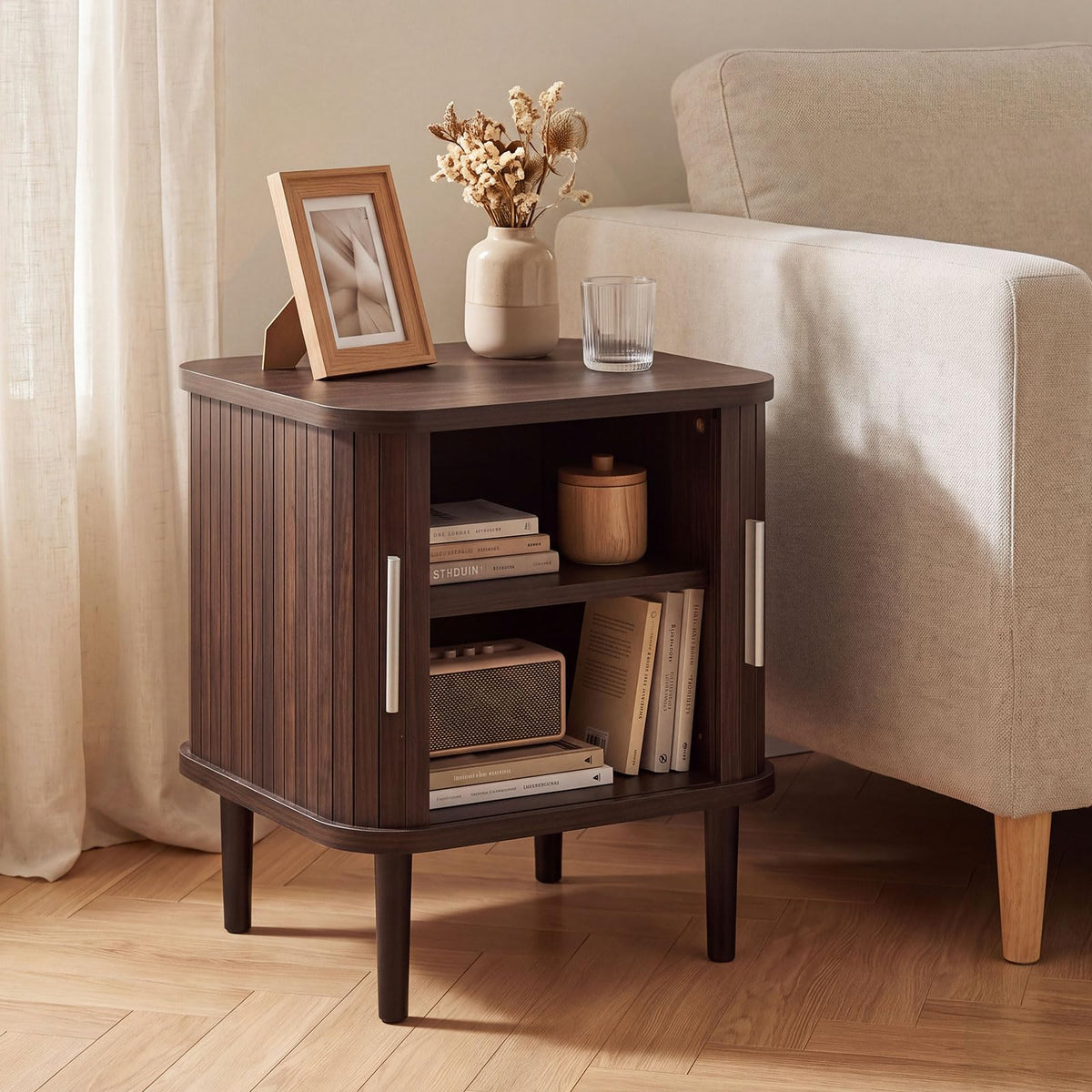 KOMFOTT Fluted Nightstand with Sliding Doors Wood Bedside Table(1/2)