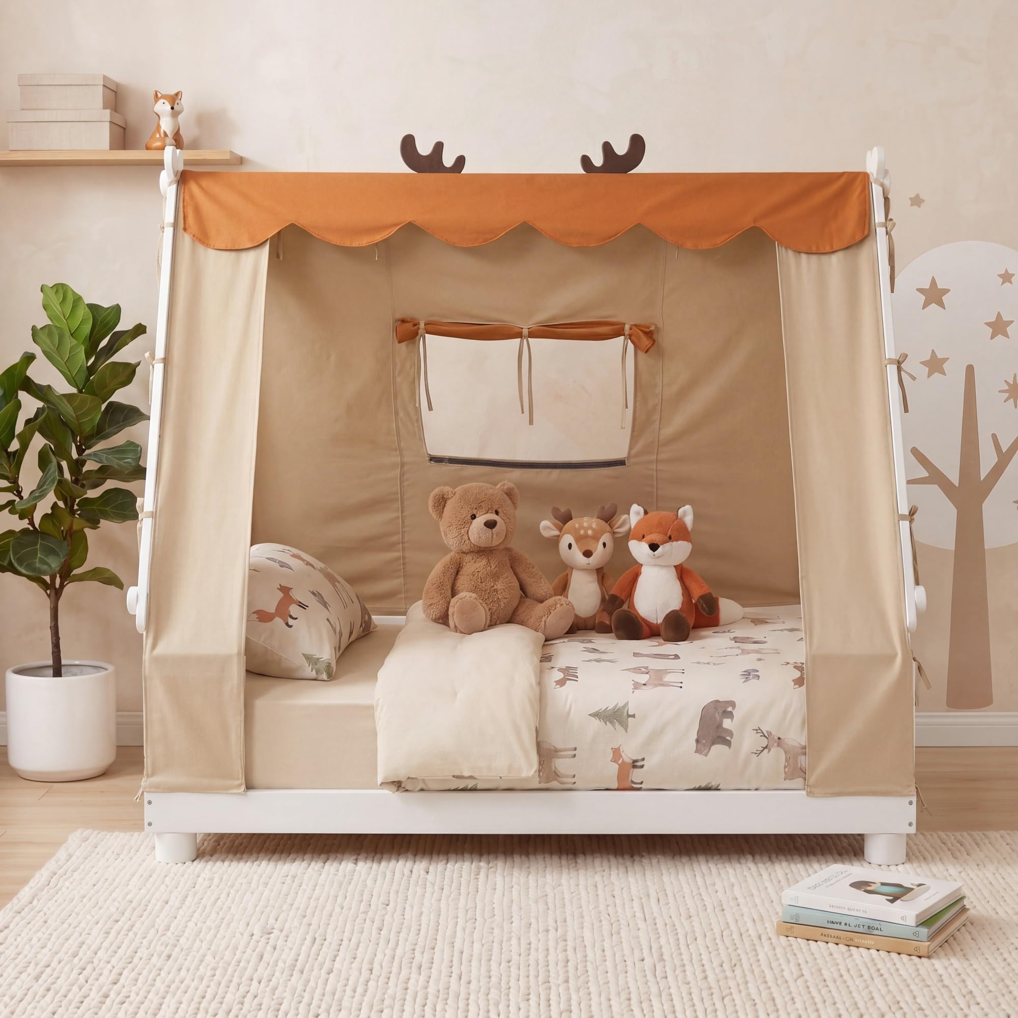 KOMFOTT Twin Floor House Bed with Tent Wood Bed Frame
