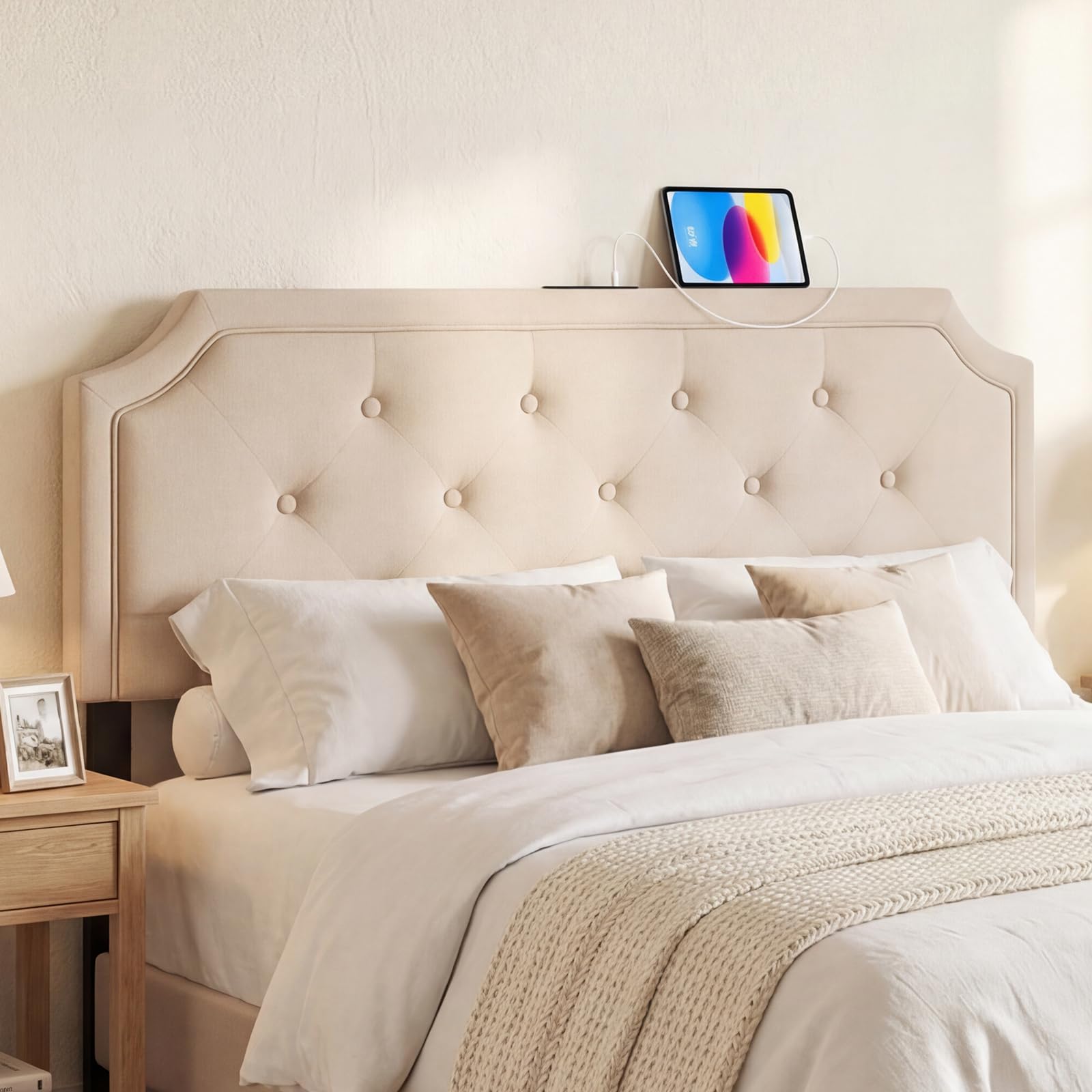 KOMFOTT Upholstered Headboard with Charging Station for Full & Queen Size Bed Frame