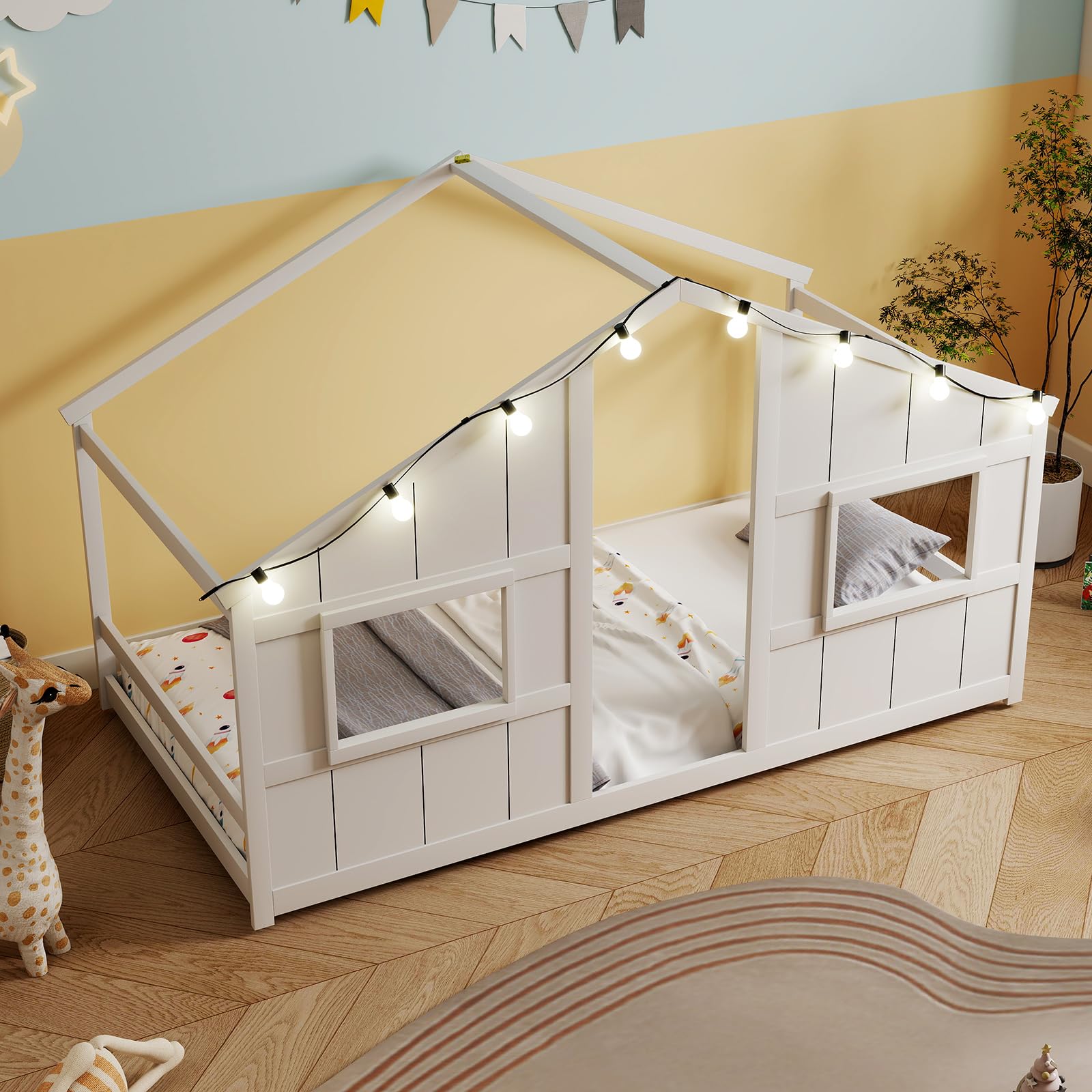 KOMFOTT Twin Floor House Bed with LED Lights