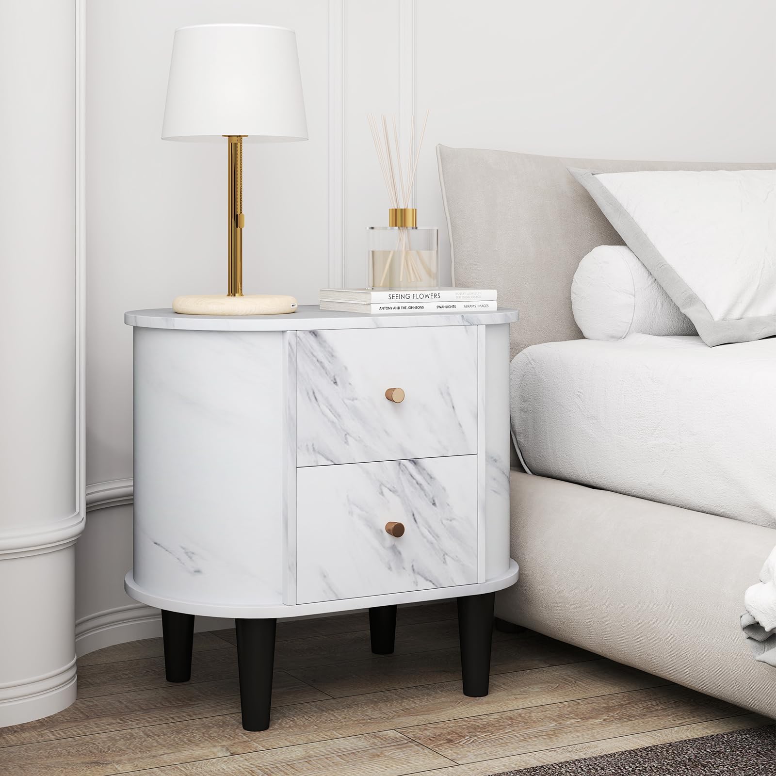 KOMFOTT Oval Faux Marble Nightstand with 2 Drawers