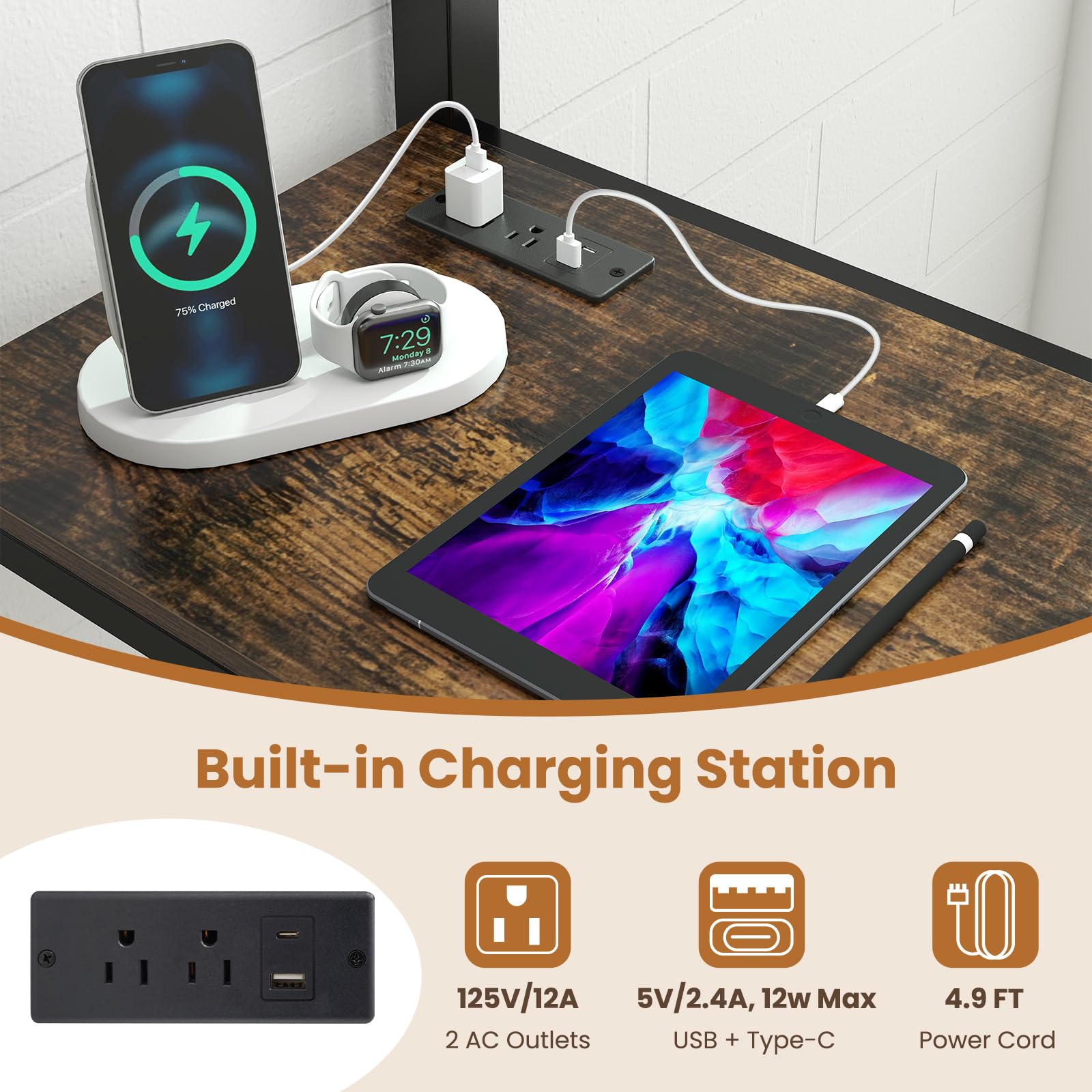KOMFOTT Twin Loft Bed with Desk LED Lights Charging Station