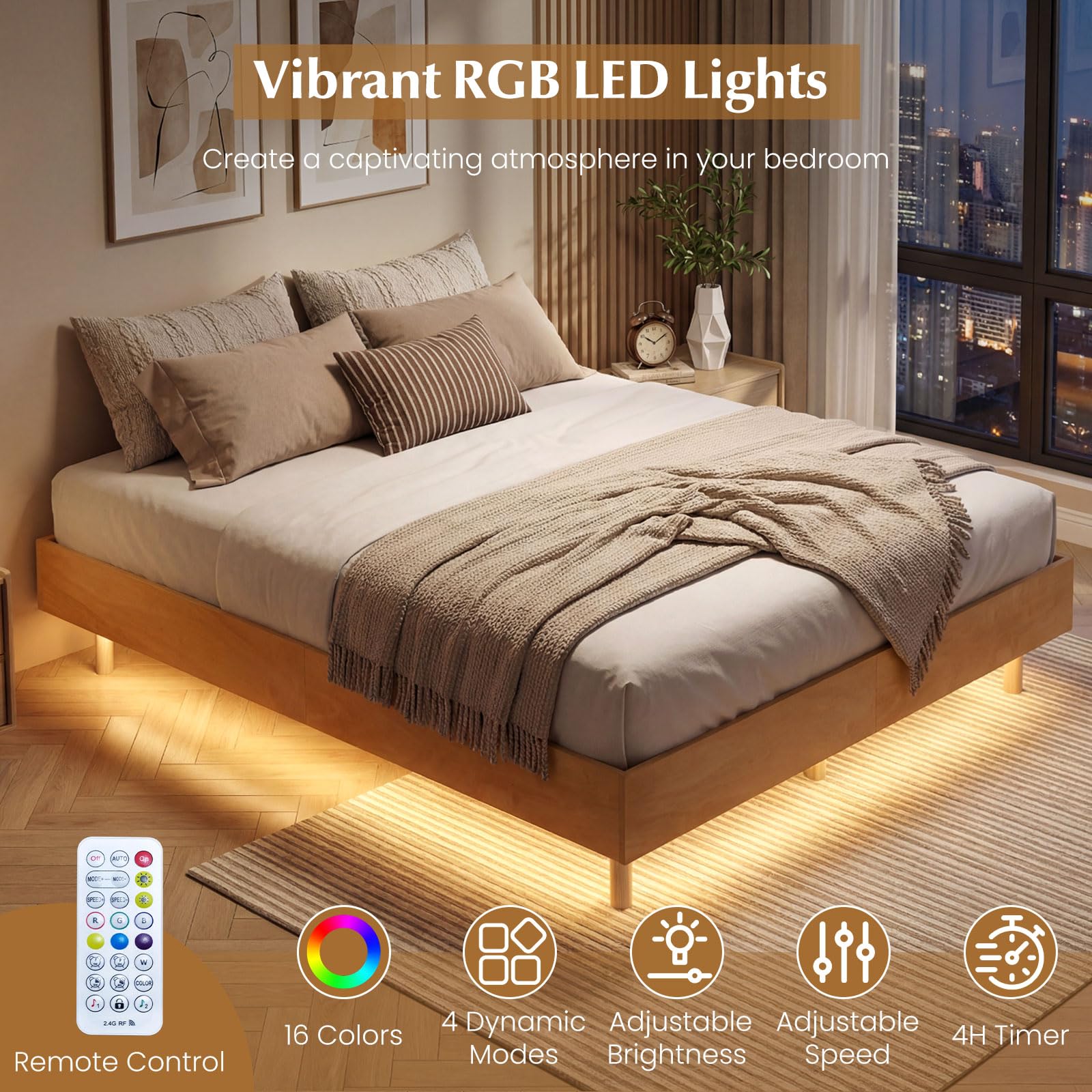 KOMFOTT Queen/Full/Twin Size Wood Floating Bed Frame with LED Lights
