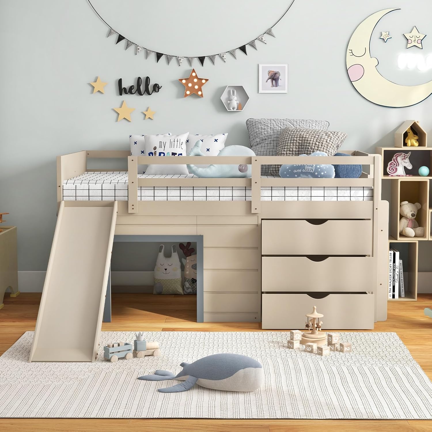 KOMFOTT Twin Low Loft Bed with 3 Storage Drawers & Underneath House