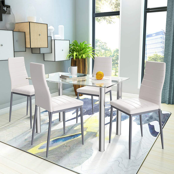 5 Piece Dining Table Sets, Modern Tempered Glass Top and PVC Leather Chair w/4 Chairs