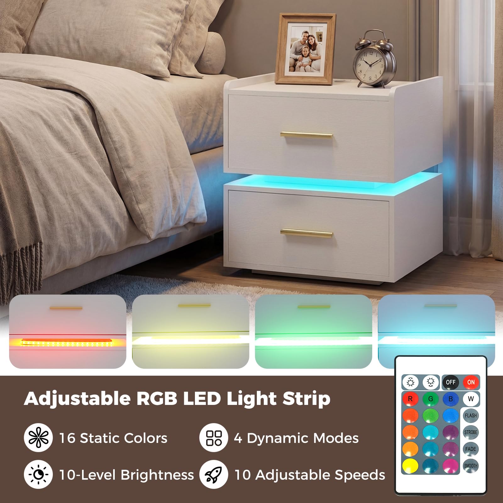 KOMFOTT Nightstand with Charging Station Set of 1/2 LED Bedside Table