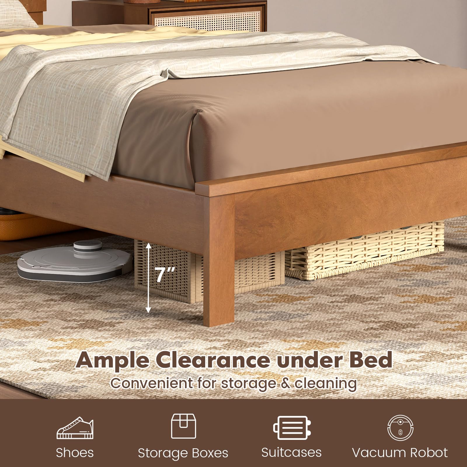 KOMFOTT Wood Platform Bed Frame with Headboard, Mid Century Platform Bed Frame with Solid Wood Legs & Wooden Slat Support