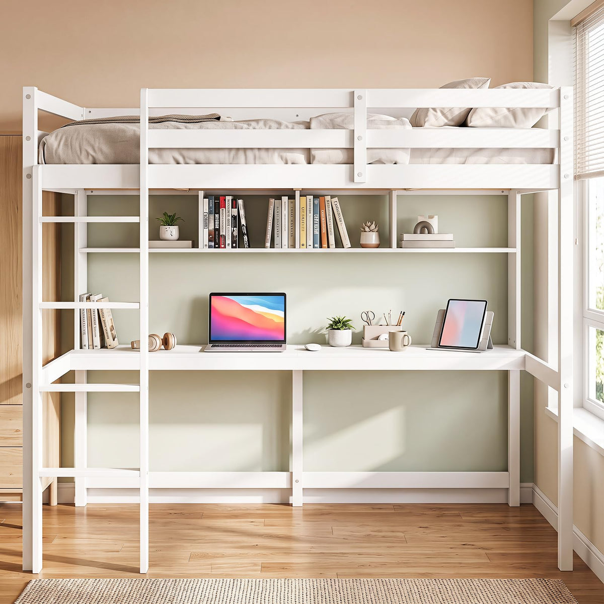 KOMFOTT Loft Bed with Desk & Bookcase Twin Bed Frame ( White )