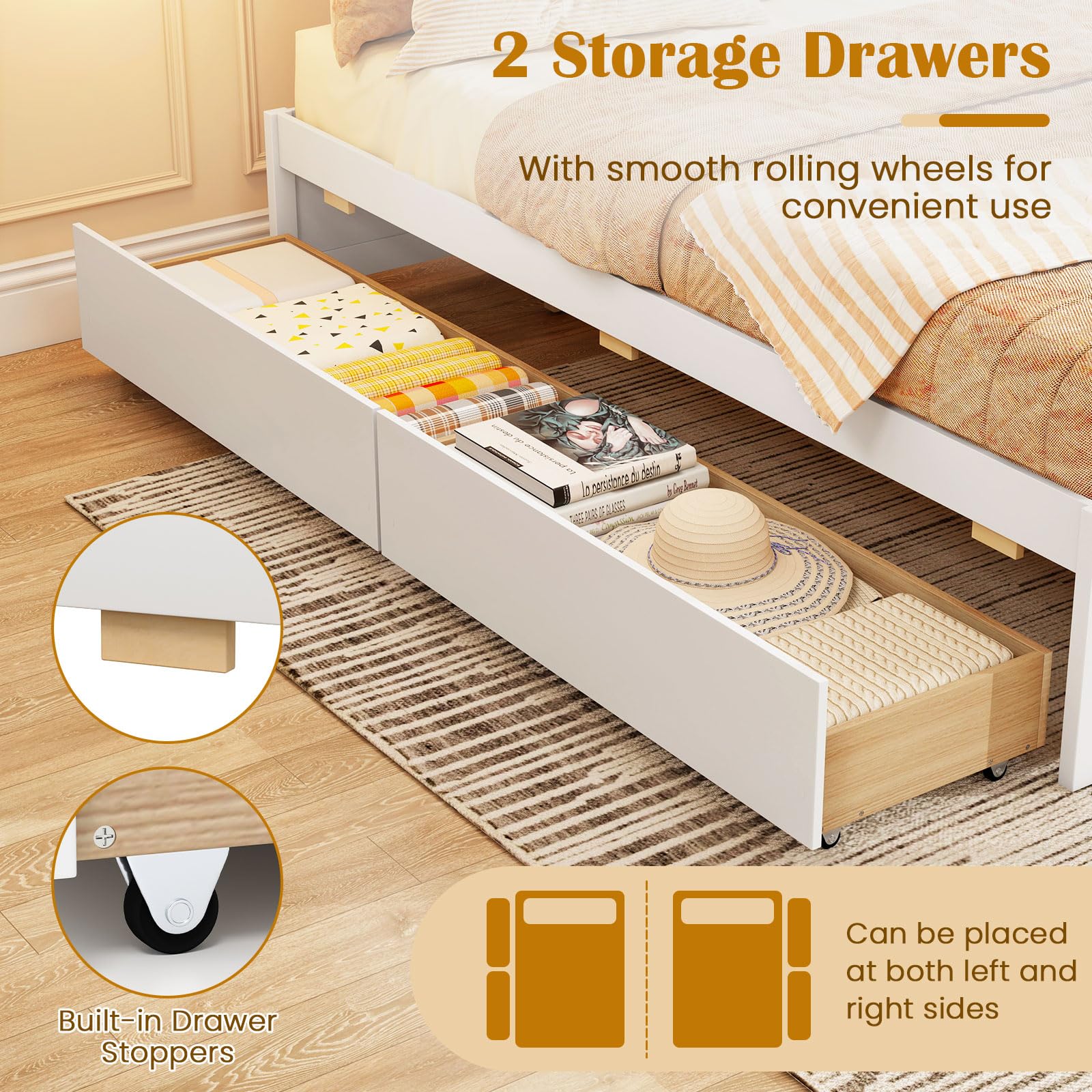 KOMFOTT Bed Frame with 2 Storage Drawers, Solid Wood Platform Bed with Slats Support